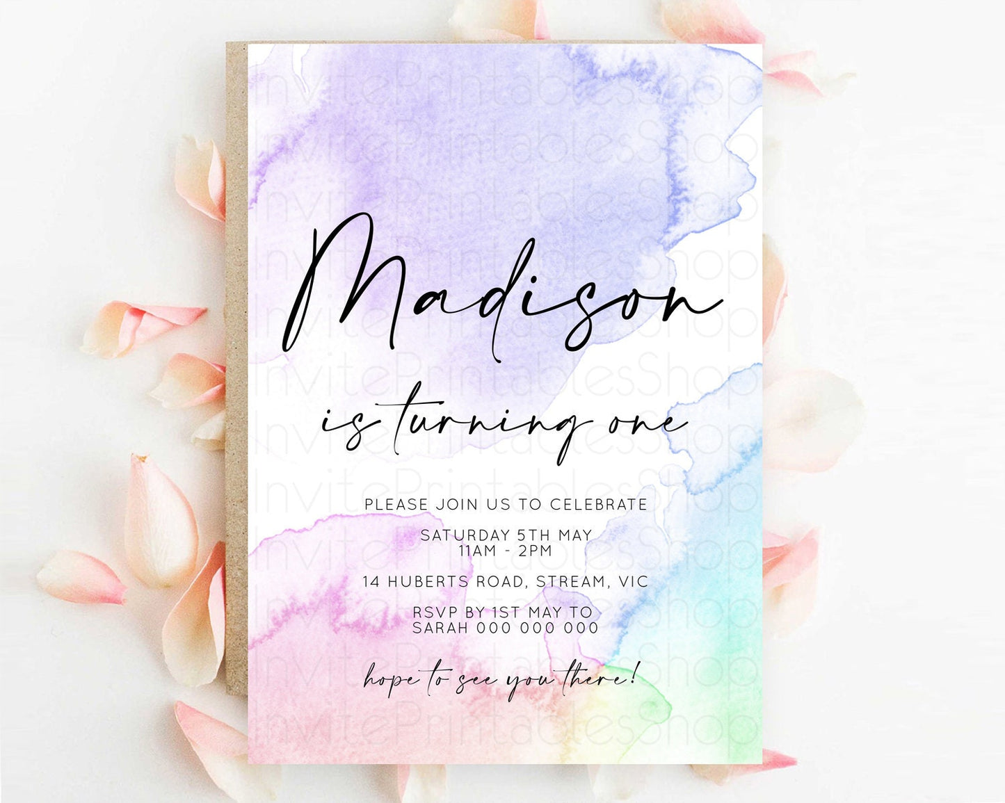 Editable Rainbow Birthday Invitation Colorful Pastel Watercolor Invitation G