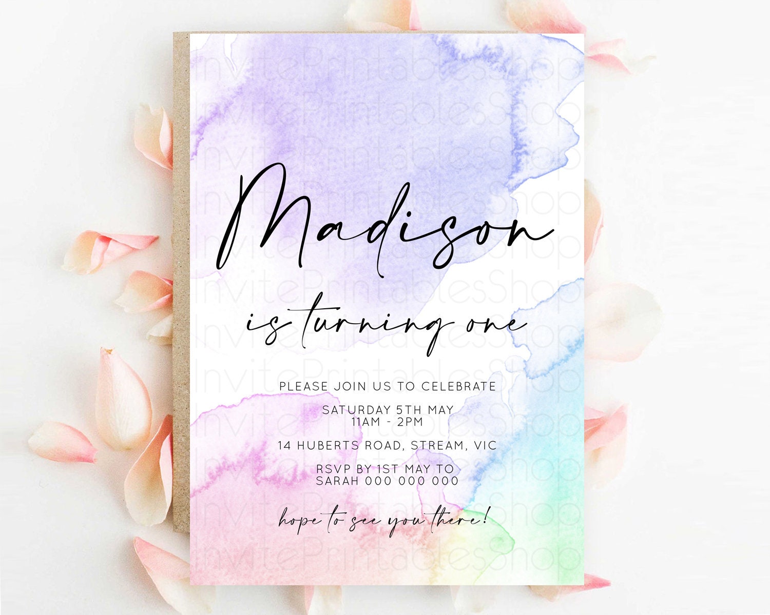Editable Rainbow Birthday Invitation Colorful Pastel Watercolor Invitation G