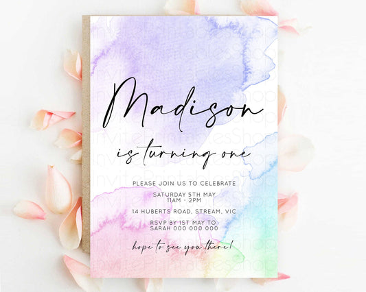 Editable Rainbow Birthday Invitation Colorful Pastel Watercolor Invitation G