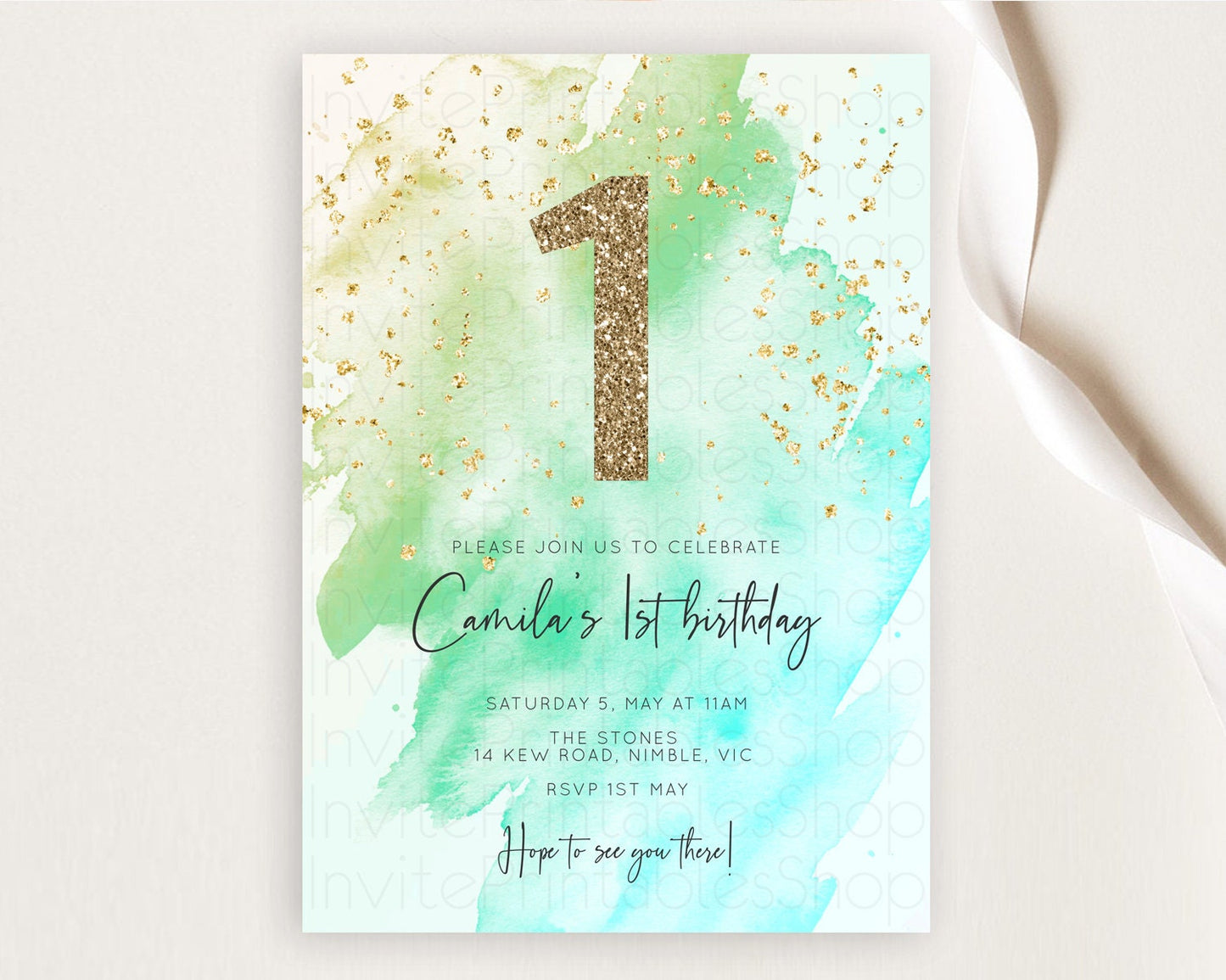 Green Birthday Invitation green Watercolor Invitation Pastel green Watercolor Invitation green Splash Gold Invitation First Birthday D10170