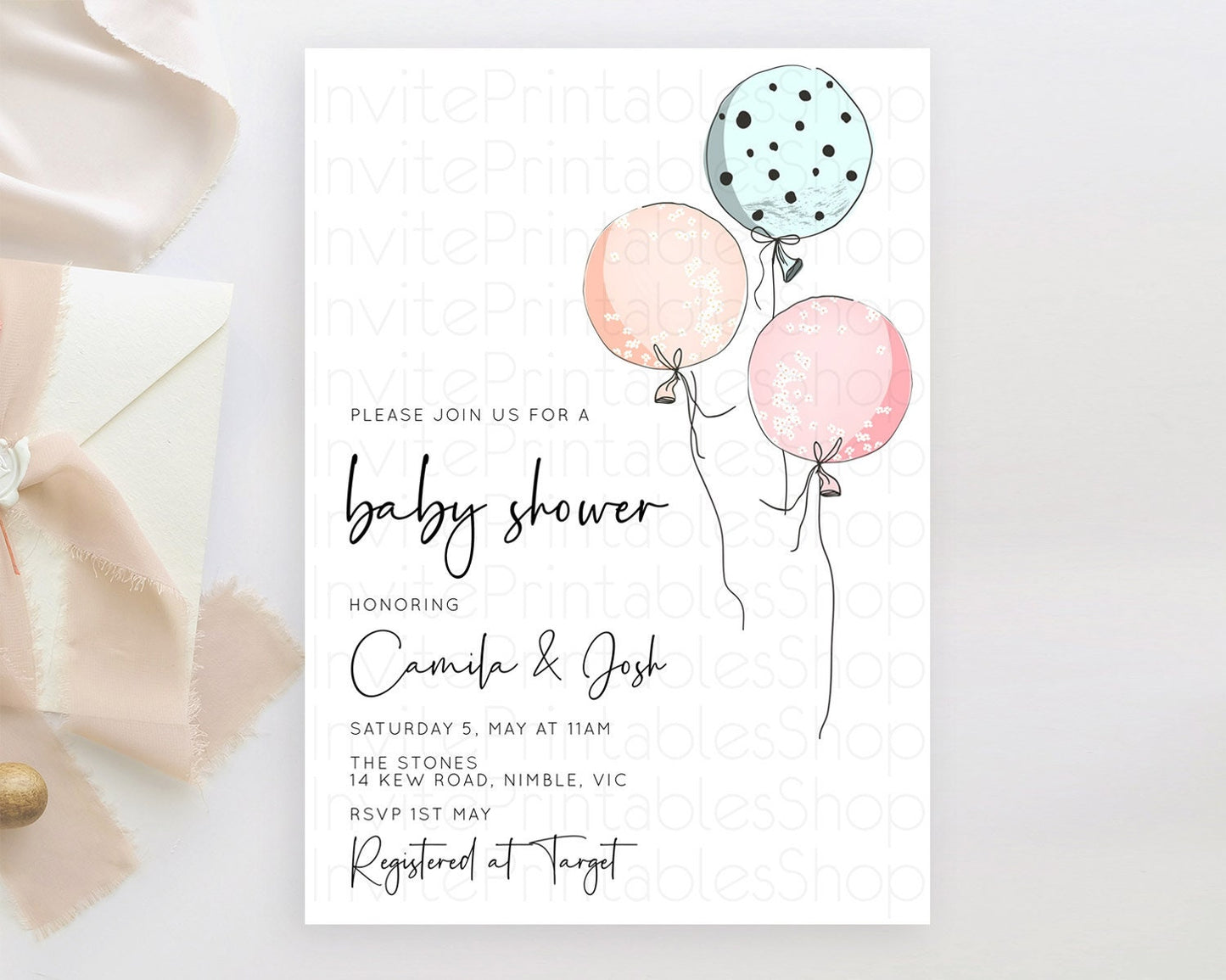 Modern Pastel Balloon Baby Shower Invitation Soft Pastels with Colorful Pink, Blue Rainbow Theme for a Cute Gender Reveal Celebration D10868