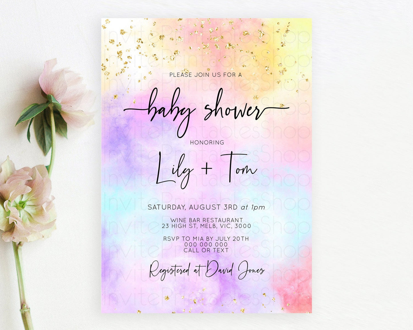 Pastel Baby Shower Invitation Rainbow Baby Shower Invitation Colorful Pastel Watercolor Invitation Gold Glitter Sprinkles Ombre D10437