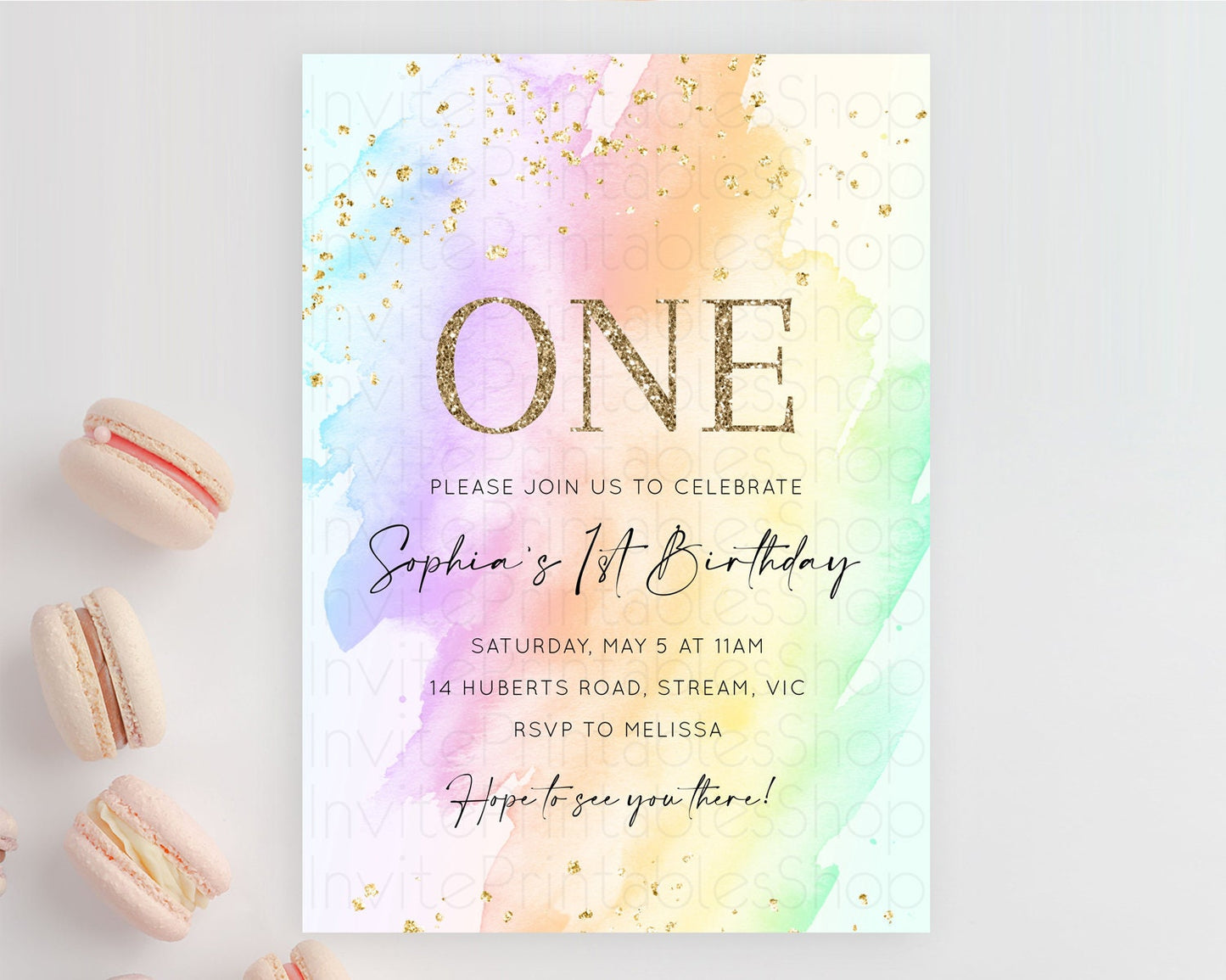 Rainbow Birthday Invitation Colorful Pastel Watercolor Invitation Gold Glitter Sprinkles Ombre Pastel 1st 2nd 3rd Birthday D10645