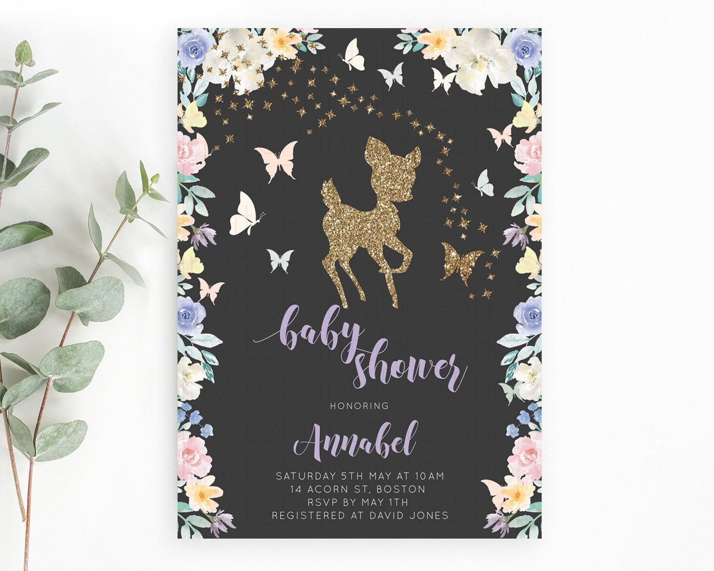 Fawn Baby Shower Invitation Deer Baby Shower Invites Enchanted Forest Theme Butterfly Pastel Flowers Whimsical Baby Shower D10880