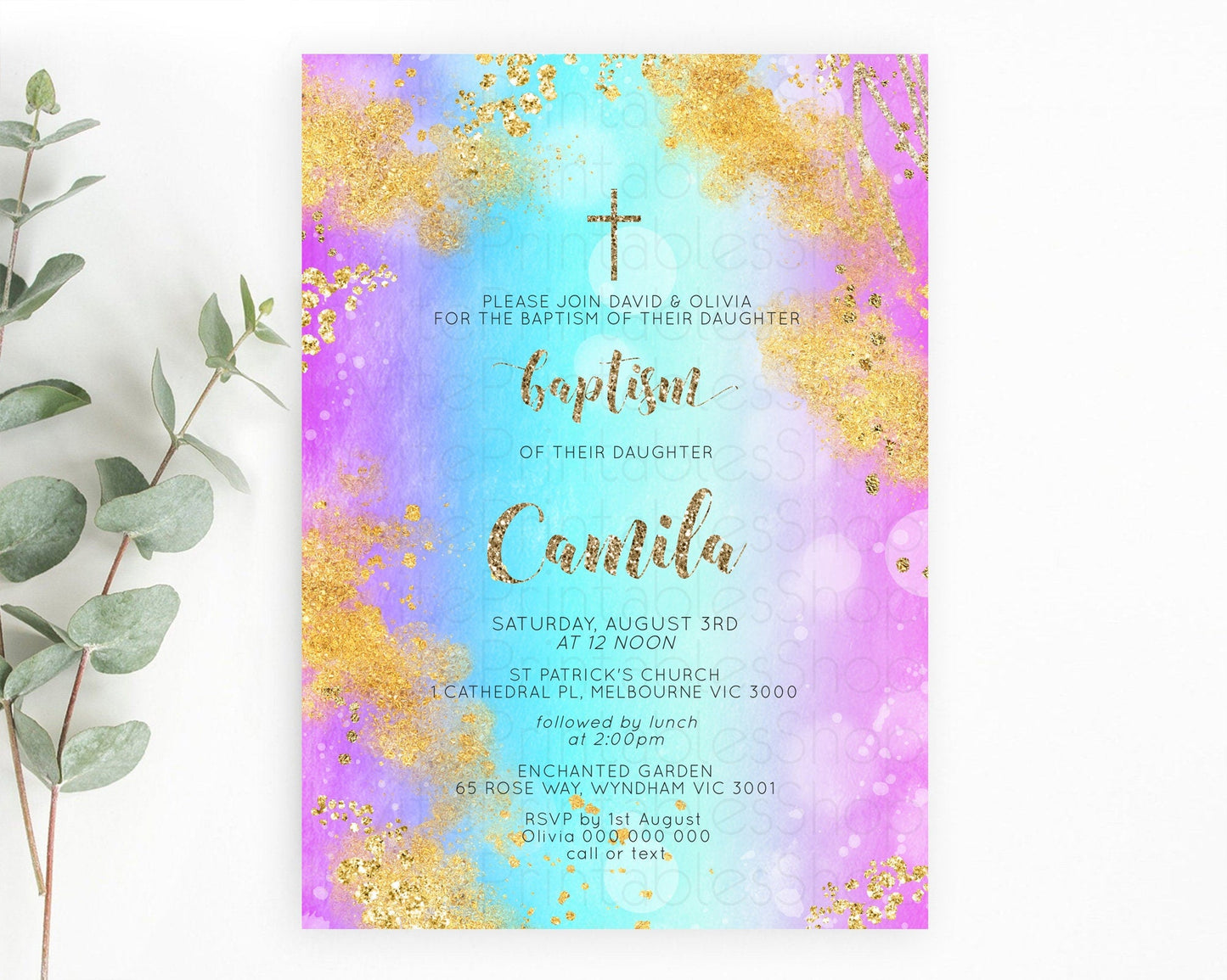 Pastel Baptism Invitation Pastel Colors Watercolor Baptism 1st Birthday Party Gold Ombre Pastel Rainbow Christening Holy Communion D10564