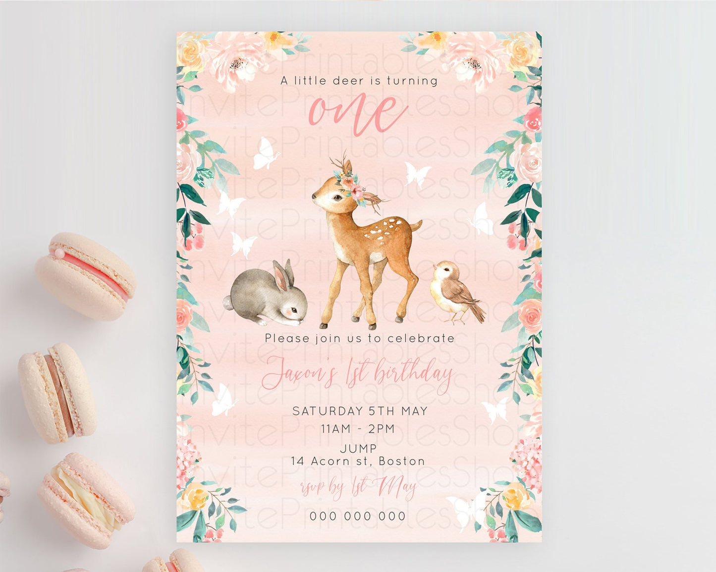 Fawn Birthday Invitation Deer Birthday Invitation Enchanted Forest Party Butterfly Pastel Flowers Whimsical 2nd 1st First Birthday D10921