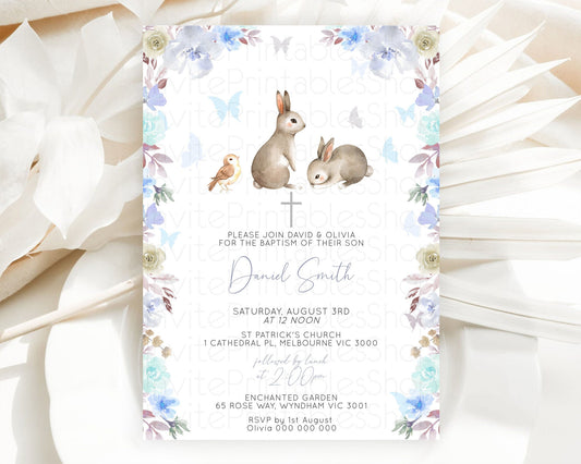 Bunny Baptism Invitation Floral Bunny Baptism 1st Birthday Invitation Pastel Bunny Christening Invite Watercolor Forest Bunny Party  D10927