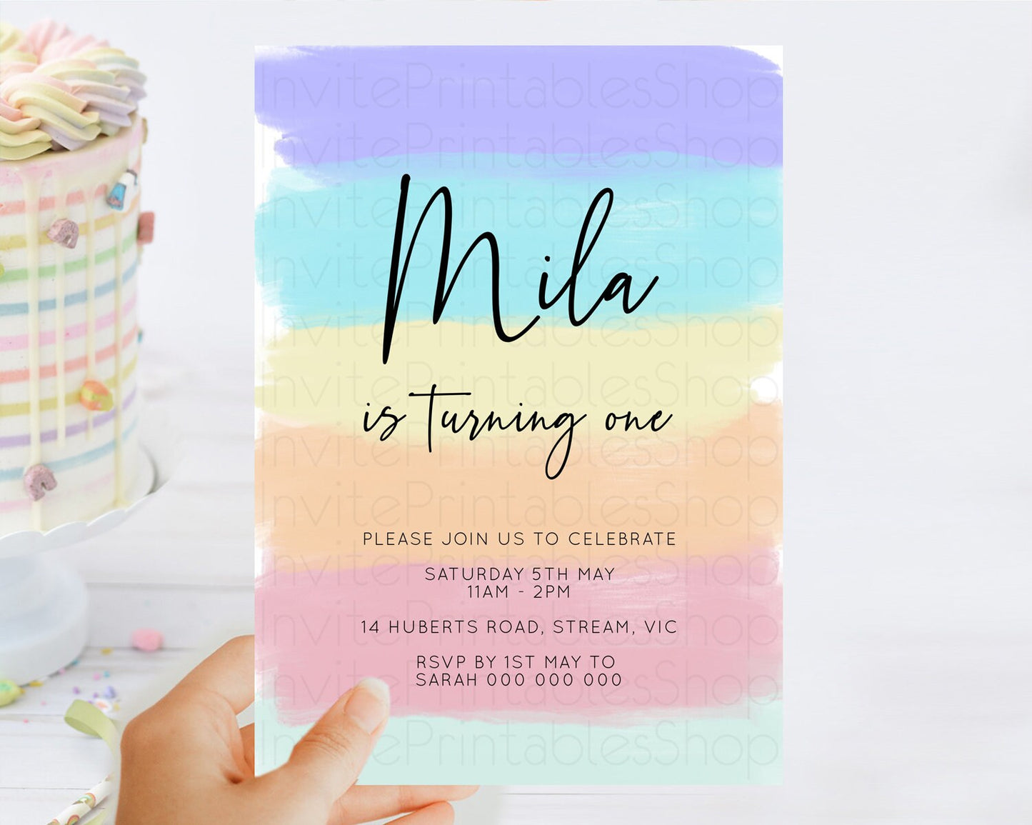 Rainbow Birthday Invitation Colorful Pastel Watercolor Invitation Gold Glitter Sprinkles Ombre Pastel 1st 2nd 3rd Birthday D10510