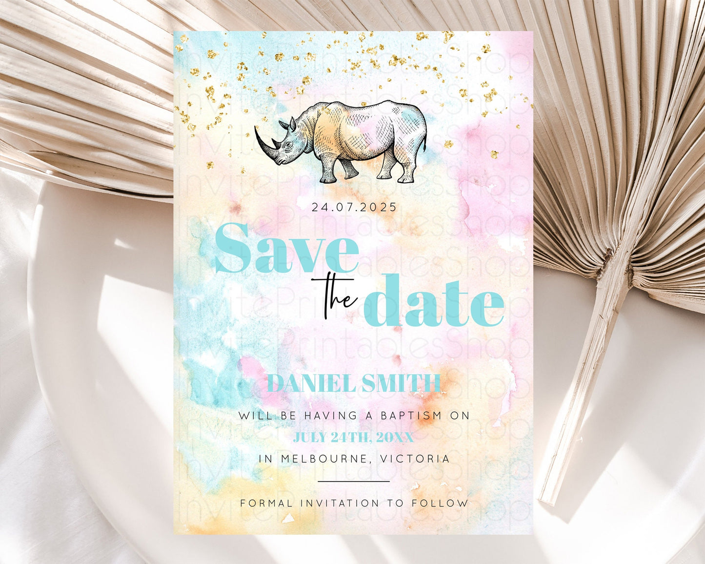 Pastel Rhino Save The Date Template Rainbow Watercolor Rhino Party Save The Date Colorful Rhino Theme Birthday Baptism Baby Shower D10287