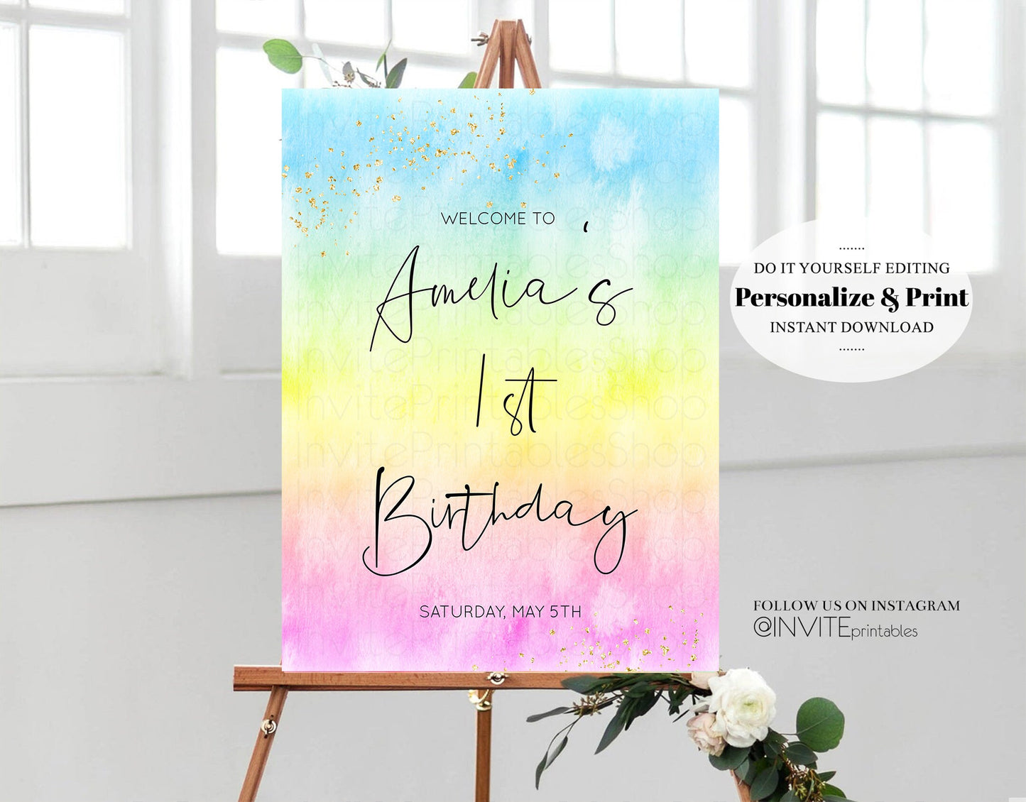 Rainbow Welcome Board Watercolor Pastel Welcome Sign Colorful Glitter Poster 1st Birthday Poster Baby Shower Sign Bridal Shower Sign