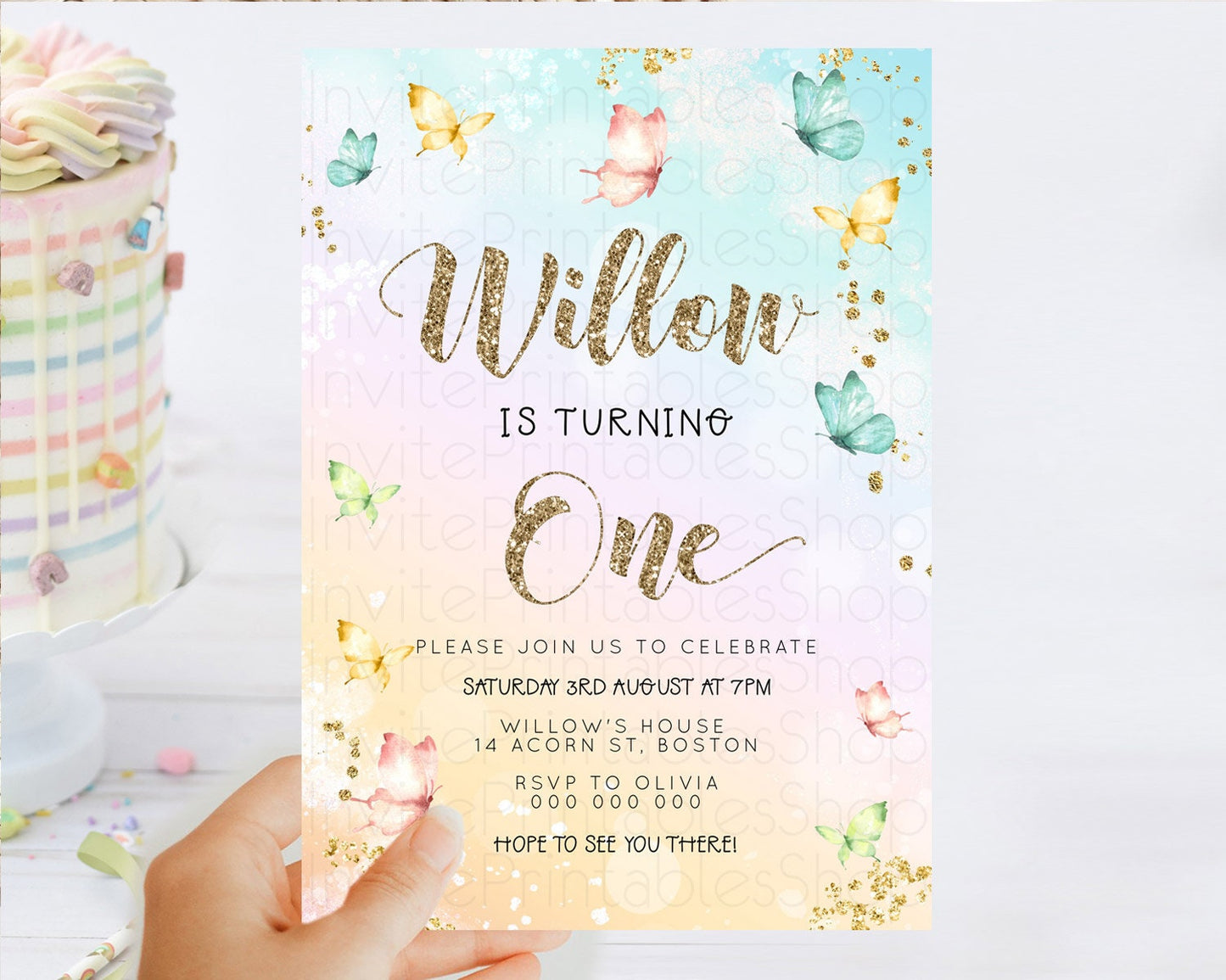 Pastel Butterfly Birthday Invitation Butterfly Birthday Invitation Colorful Splash Glitter Butterfly Garden 1st 2nd Birthday D23080