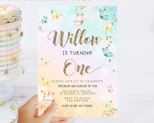 Pastel Butterfly Birthday Invitation Butterfly Birthday Invitation Colorful Splash Glitter Butterfly Garden 1st 2nd Birthday D23080