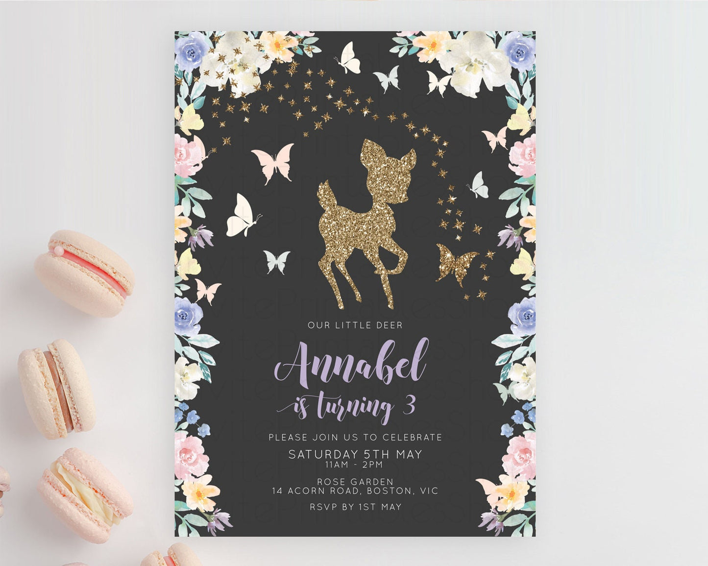 Fawn Birthday Invitation Deer Birthday Invitation Enchanted Forest Party Butterfly Pastel Flowers Whimsical 2nd 1st First Birthday D10880