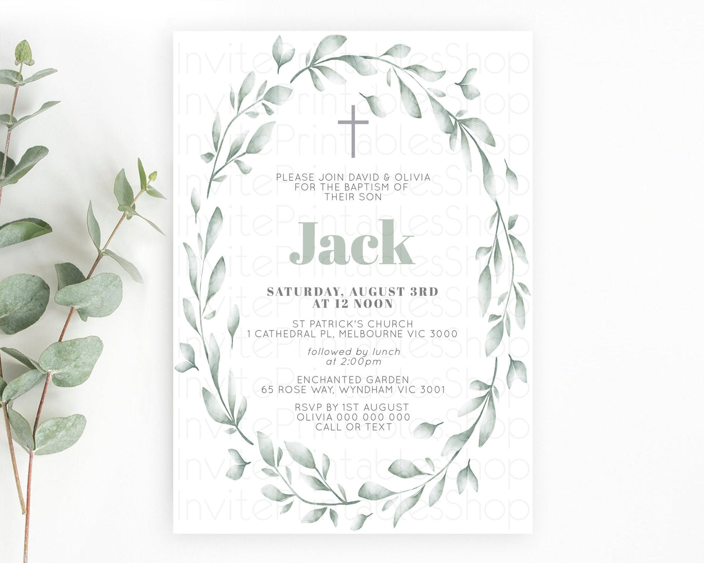 Leafy Baptism Invitation Leafy Simple Greenery Baptism 1st Birthday Invitation Eucalyptus Fern Spray Leaves Green Leaf Watercolour D11009