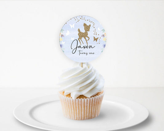 Fawn Cupcake Toppers Deer Cupcake Toppers Enchanted Forest Party Butterfly Pastel Flowers Woofland Cupcake Toppers First Birthday D10879