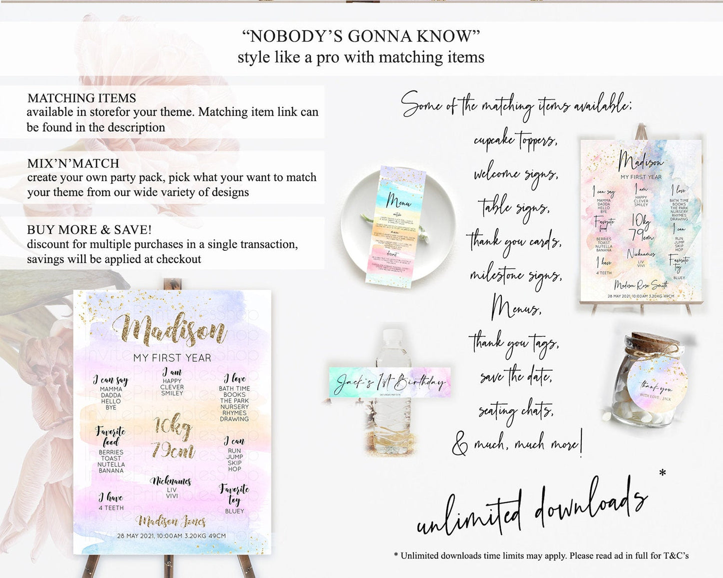 Pastel First Birthday Milestone Board Pastel Rainbow Milestone Poster Colorful Confetti Watercolor Glitter 1st Birthday Welcome Sign D10595