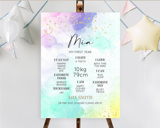 Pastel First Birthday Milestone Board Pastel Rainbow Milestone Poster Colorful Confetti Watercolor Glitter 1st Birthday Welcome Sign D10157