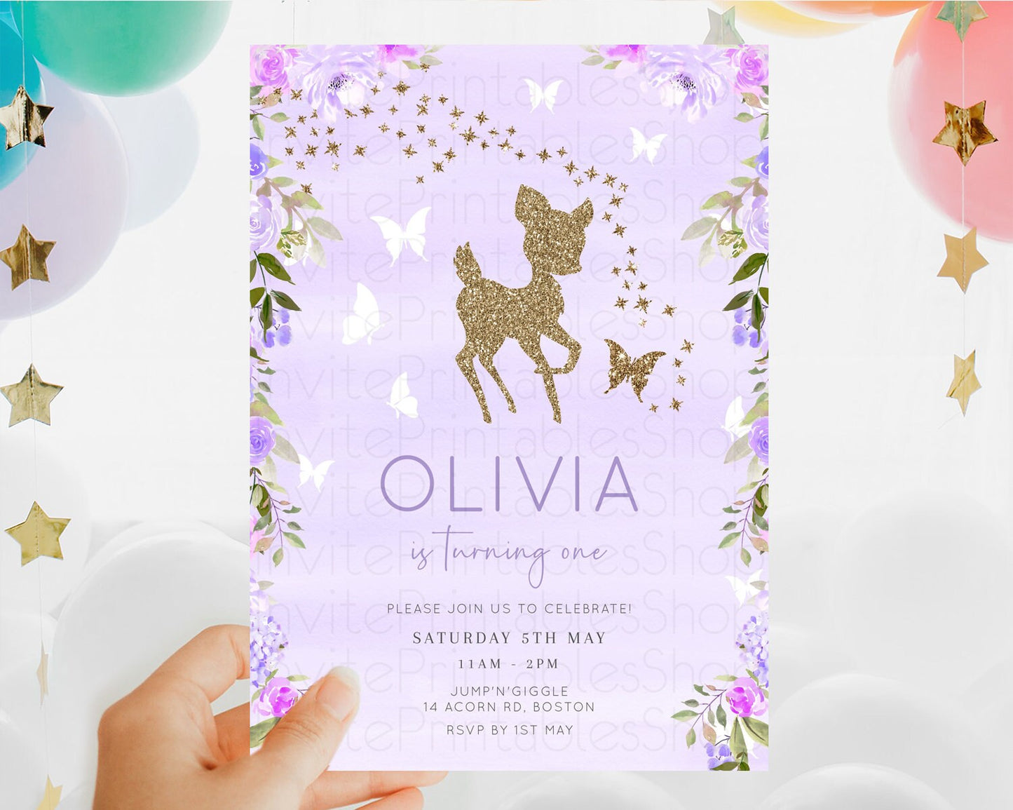 Fawn Birthday Invitation Deer Birthday Invitation Enchanted Forest Party Butterfly Pastel Flowers Whimsical 2nd 1st First Birthday D10963