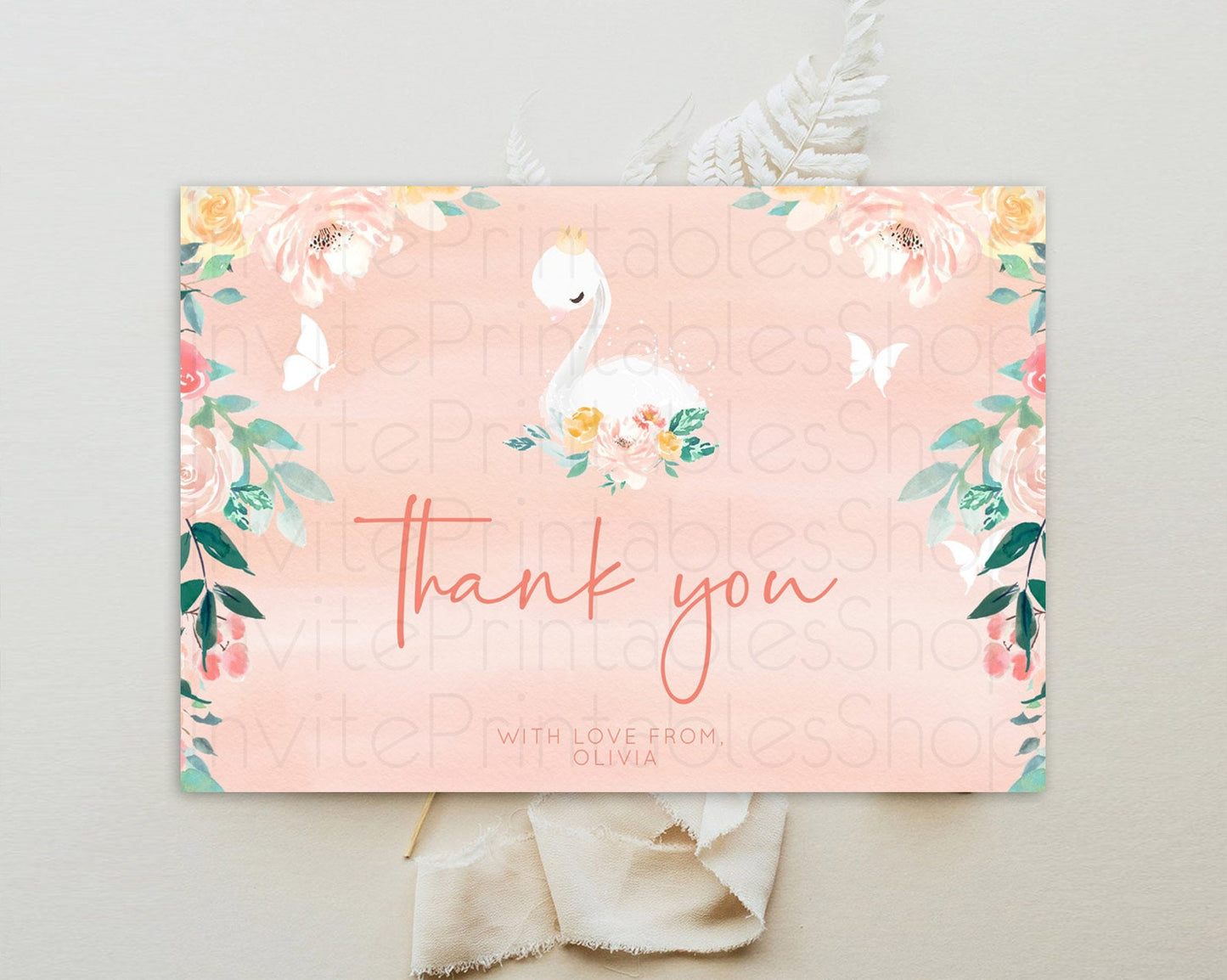 Swan Thank You Swan Princess Ballet Thank You Card Swan Lake Birthday Thank You Cards Secret Garden Pastel Floral Teacher Thank You D10884