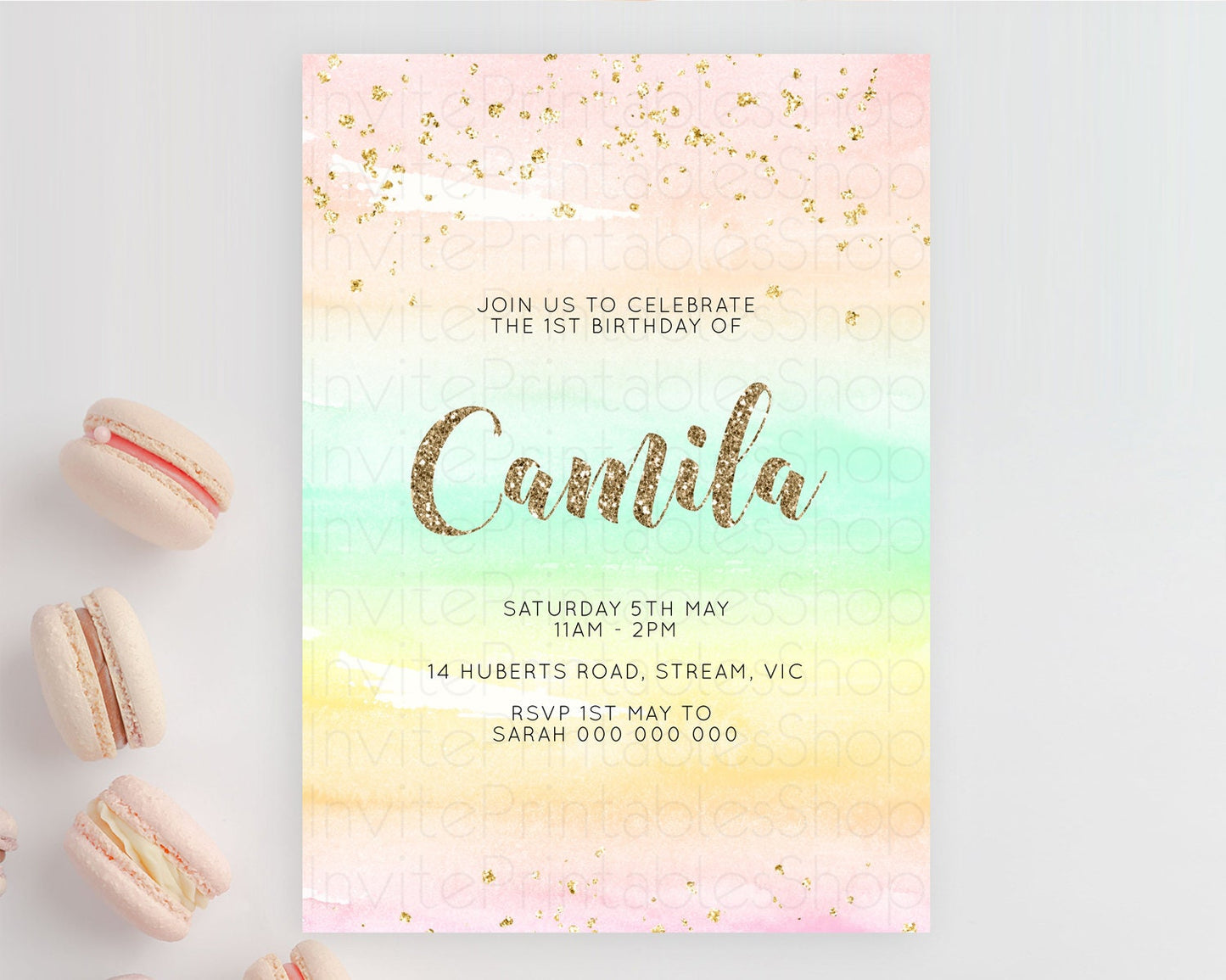 Rainbow Birthday Invitation Colorful Pastel Watercolor Invitation Gold Glitter Sprinkles Ombre Pastel 1st 2nd 3rd Birthday D10592