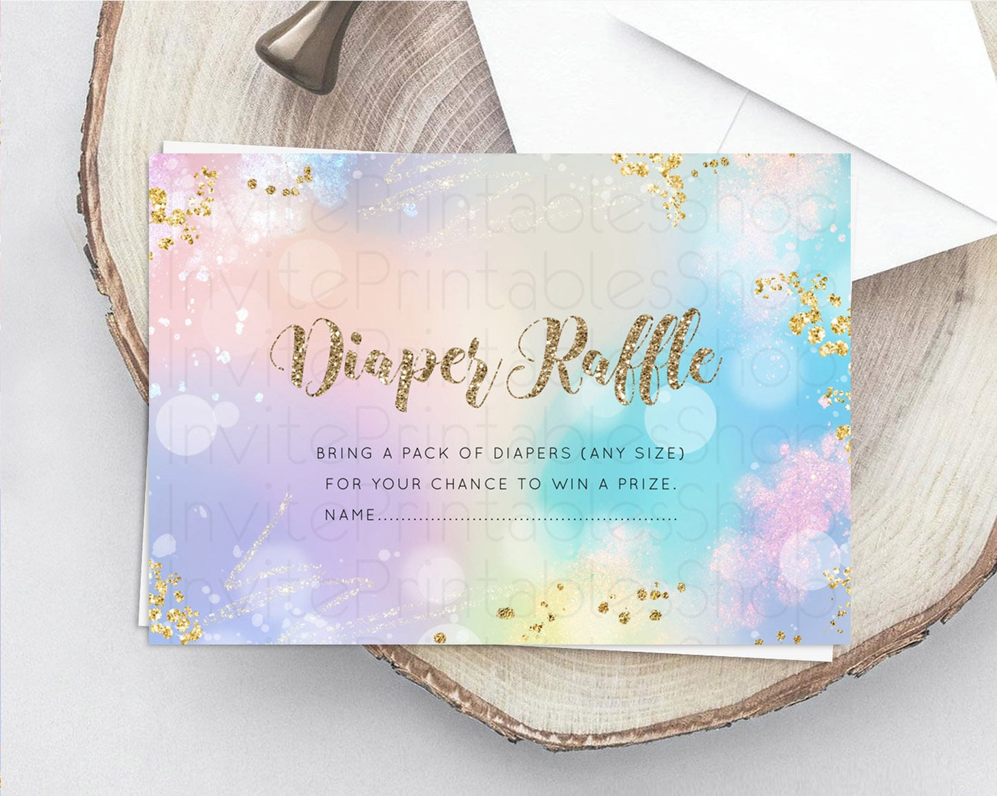 Rainbow Diaper Raffle Card Pastel Diaper Insert Colorful Pastel Watercolor Ombre Diaper Ticket Iridescent Sprinkles Raffle Game D10677