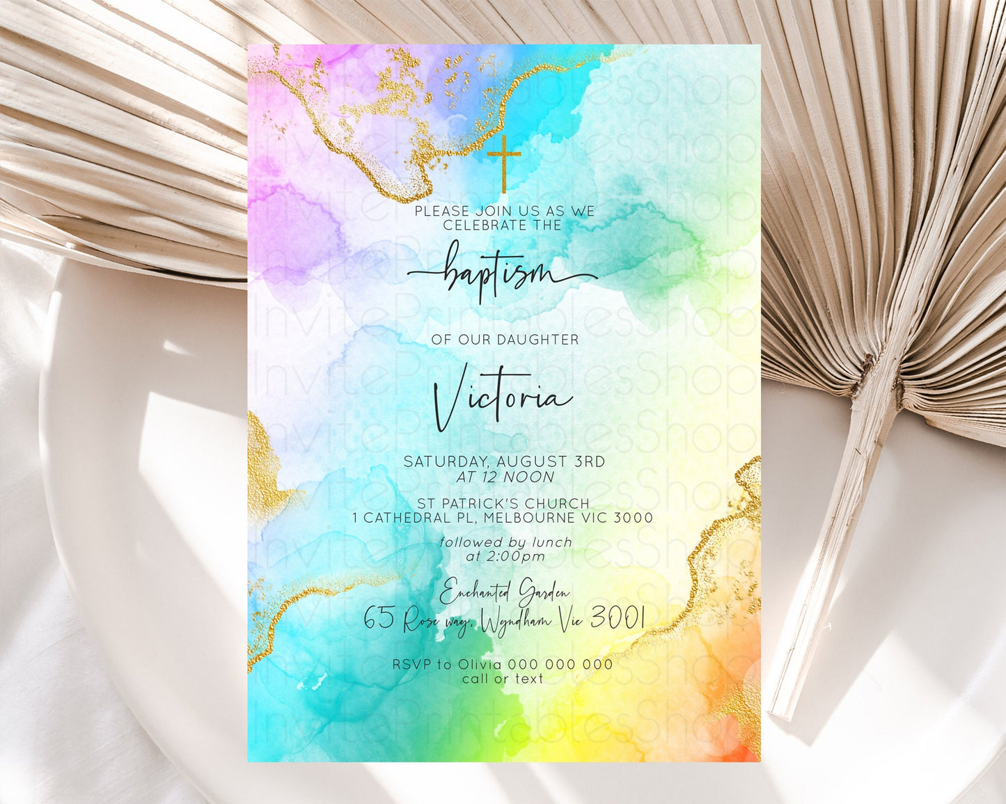 Pastel Baptism Invitation Pastel Colors Watercolor Baptism 1st Birthday Party Gold Ombre Pastel Rainbow Christening Holy Communion D10390