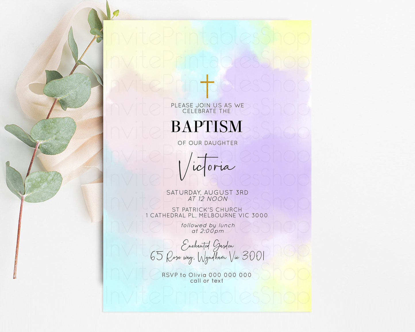 Pastel Baptism Invitation Rainbow Christening Invitation Holy Communion Invite Baptism 1st Birthday Sprinkles Ombre Watercolor Splash 595