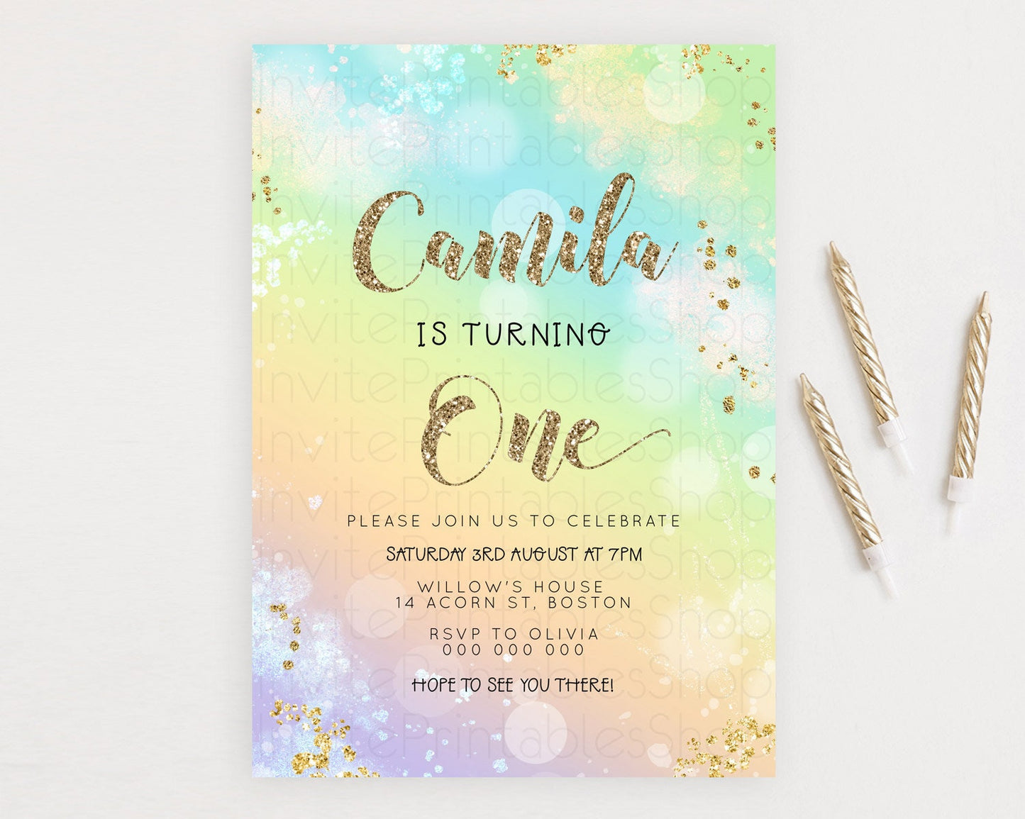 Rainbow Birthday Invitation Colorful Pastel Watercolor Invitation Gold Glitter Sprinkles Ombre Pastel 1st 2nd 3rd Birthday D23119