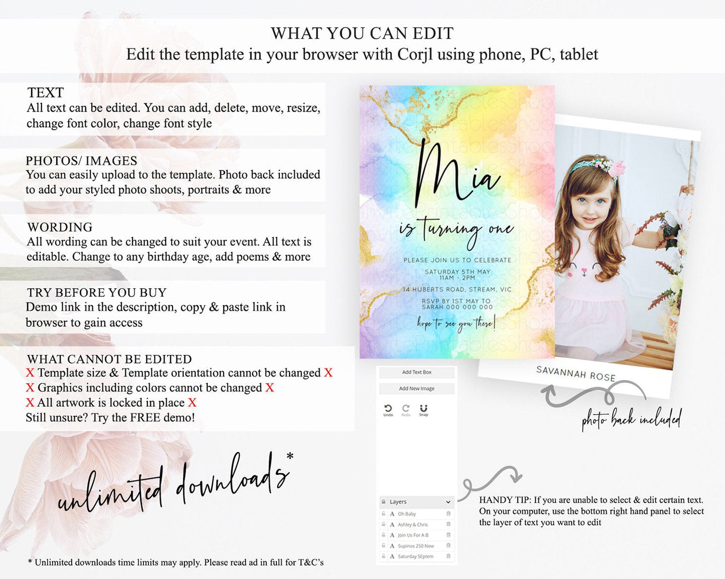 Rainbow Birthday Invitation Colorful Pastel Watercolor Invitation Gold Glitter Sprinkles Ombre Pastel 1st 2nd 3rd Birthday D10588