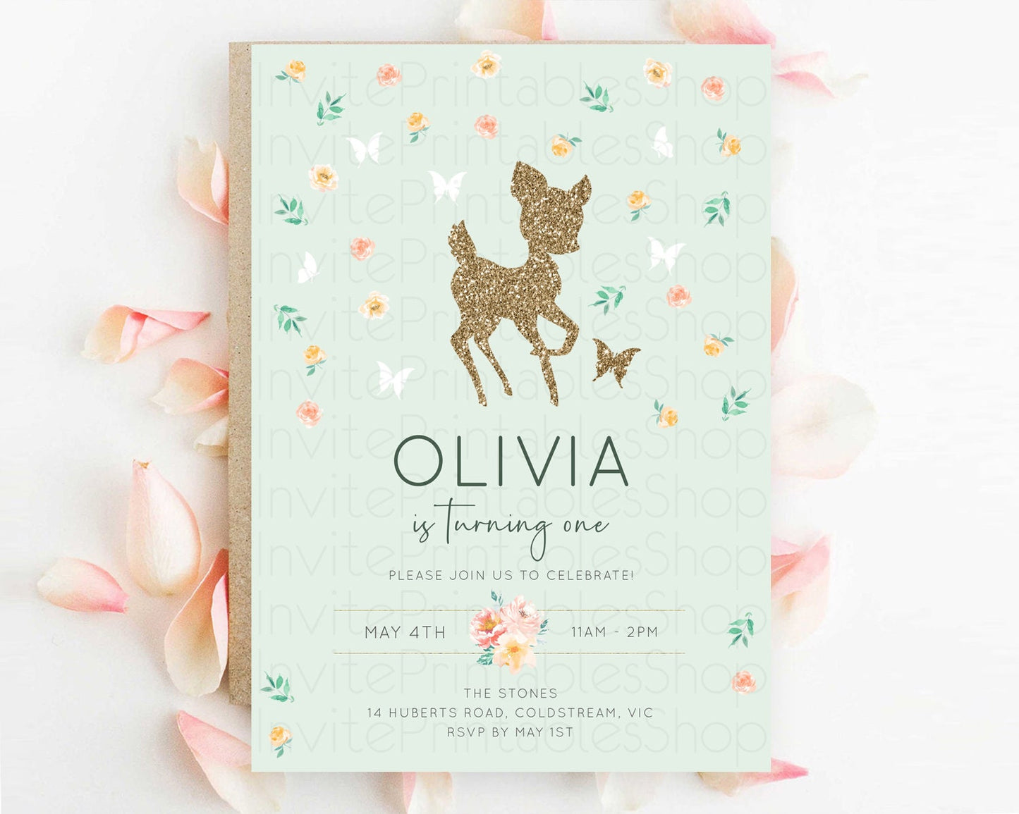 Fawn Birthday Invitation Deer Birthday Invitation Enchanted Forest Party Butterfly Pastel Flowers Whimsical 2nd 1st First Birthday D10385