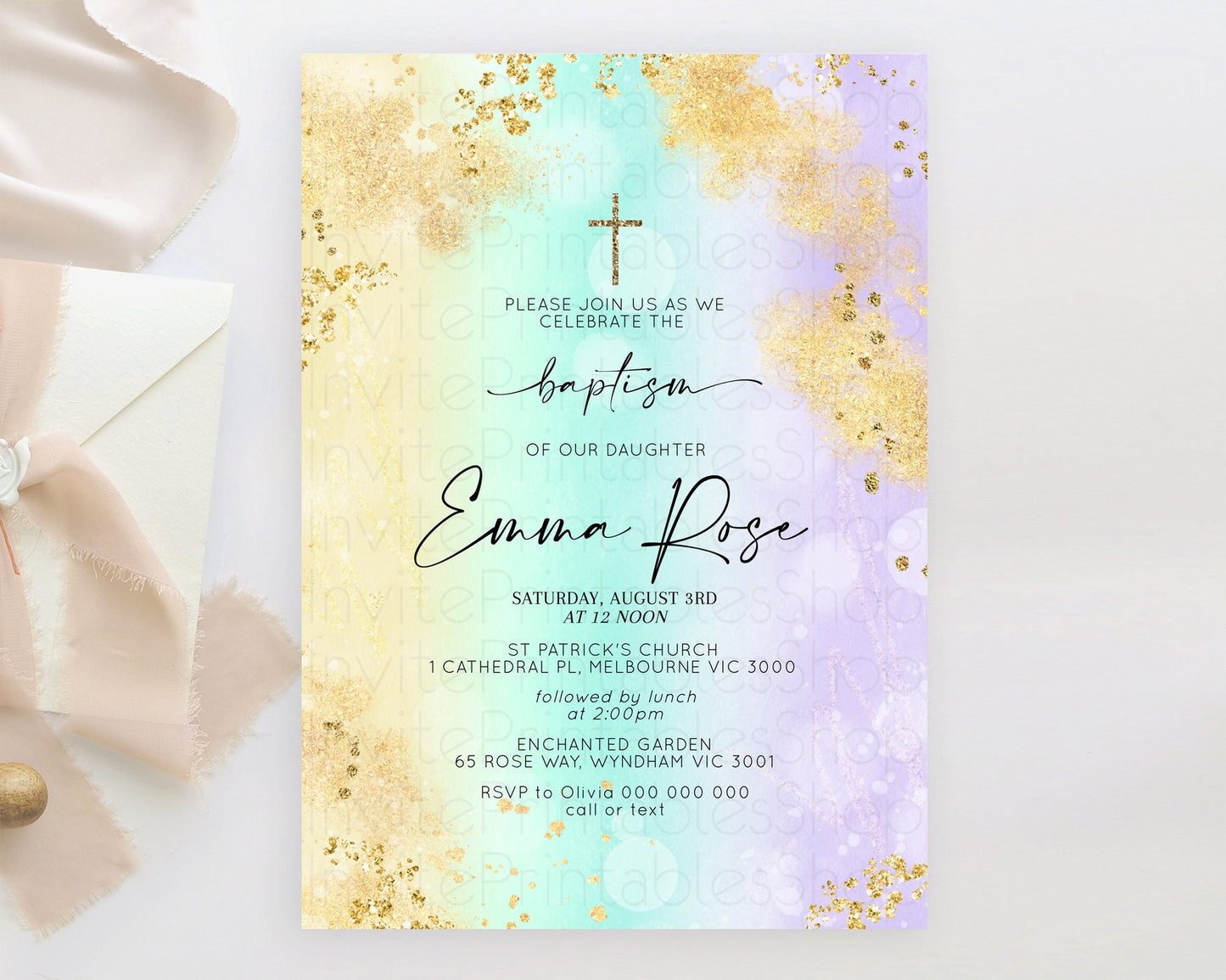 Pastel Baptism Invitation Pastel Colors Watercolor Baptism 1st Birthday Party Gold Ombre Pastel Rainbow Christening Holy Communion D10672