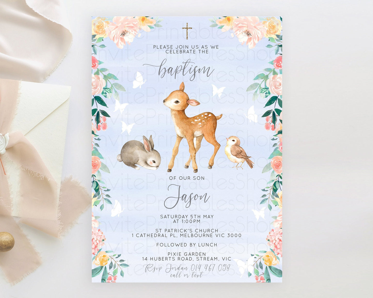 Fawn Baptism Invitation Deer Baptism 1st Birthday Invitation Enchanted Forest Christening Invitation Pastel Garden Butterfly Floral D10920