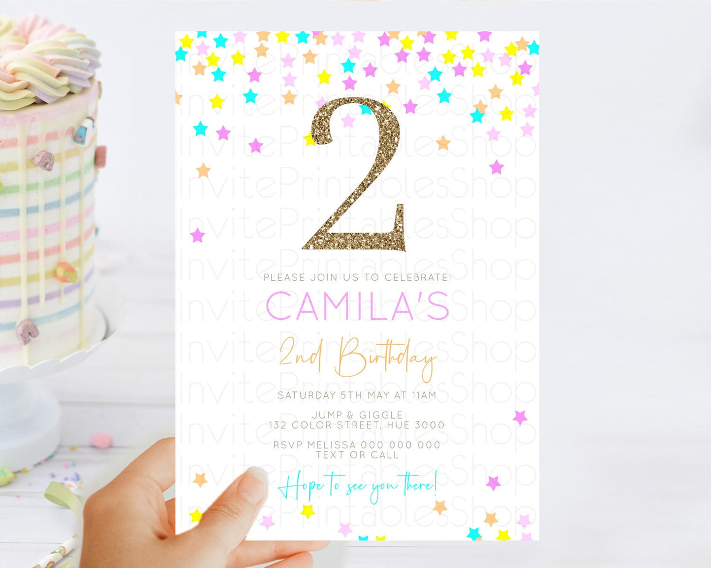 Star Birthday Invitation Pastel Stars Invite Shooting Star Party Rainbow Colorful Confetti Twinkle Little Star 2nd First Birthday D10397