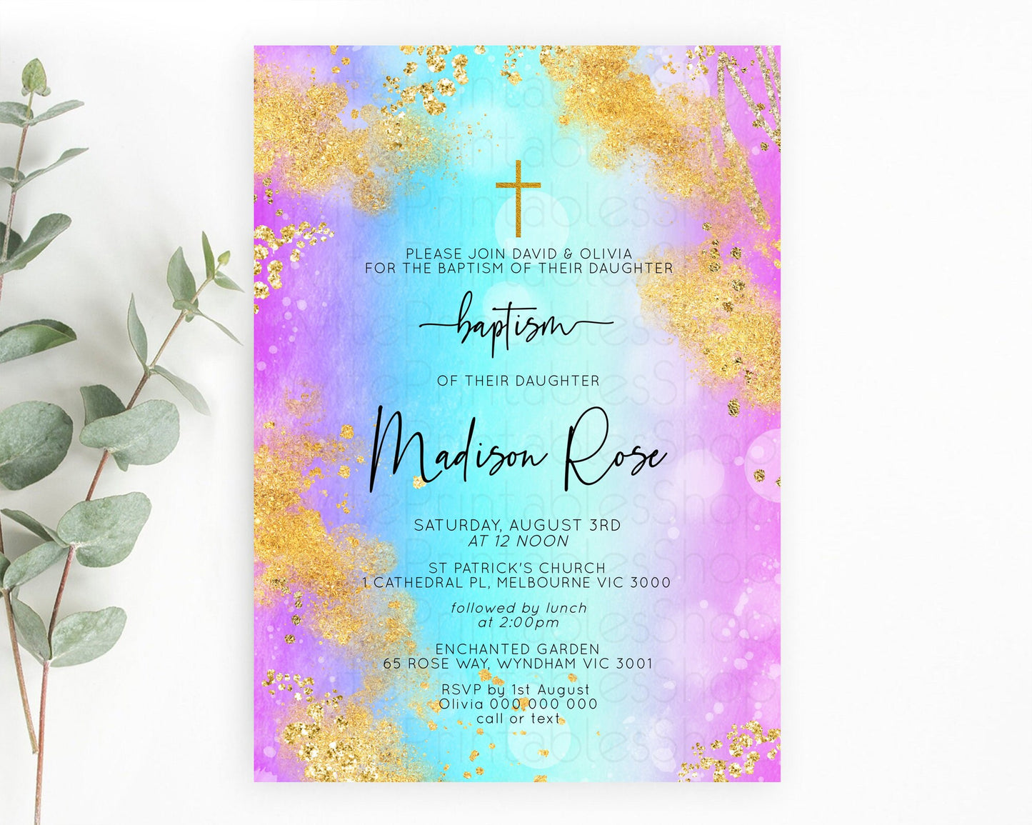 Pastel Baptism Invitation Pastel Colors Watercolor Baptism 1st Birthday Party Gold Ombre Pastel Rainbow Christening Holy Communion D10564