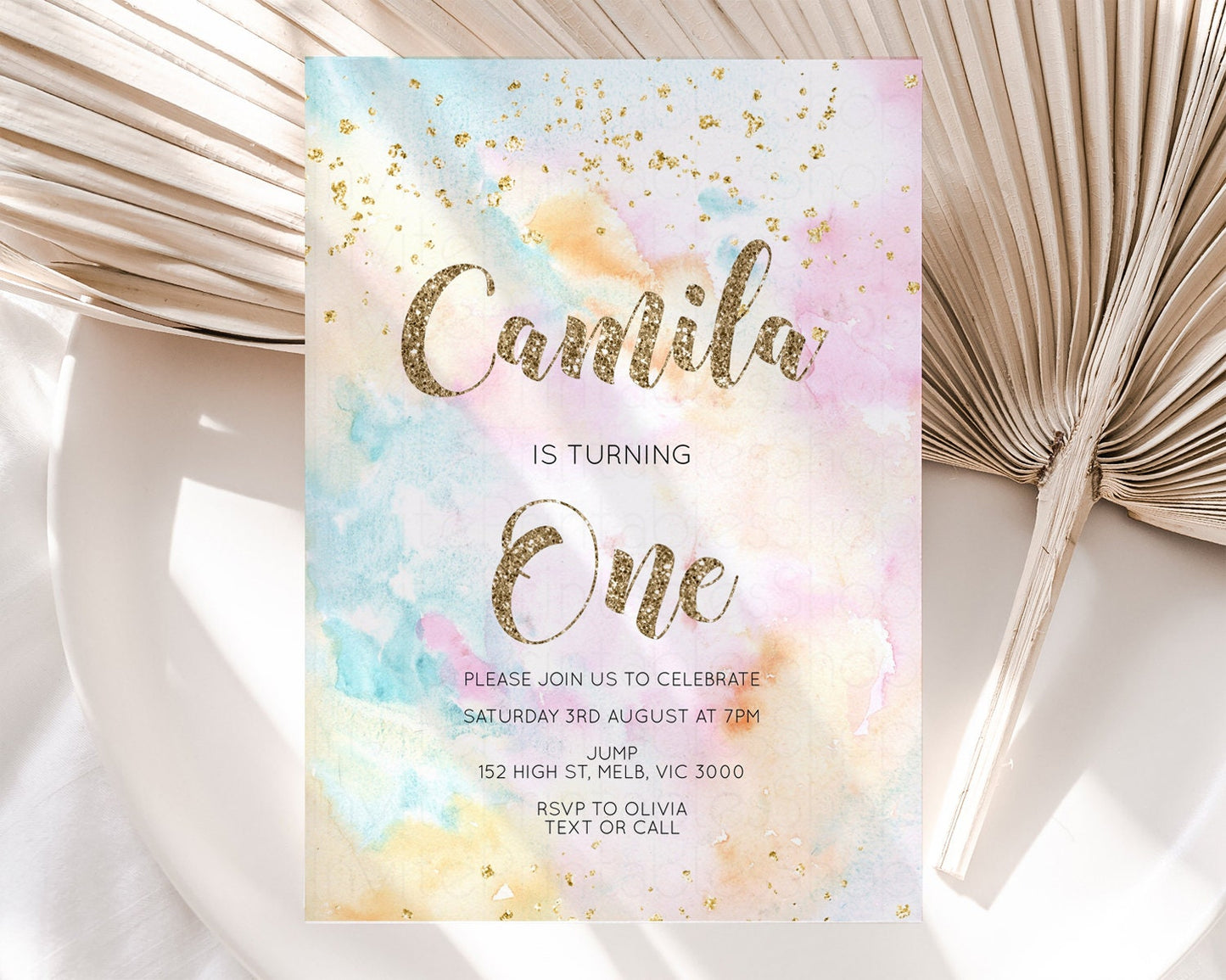 Rainbow Birthday Invitation Glitter Pastel Invitation Colorful Watercolor Gold Foil Splatter Sprinkles Ombre Glitter Invite 1st 2nd 3rd G566