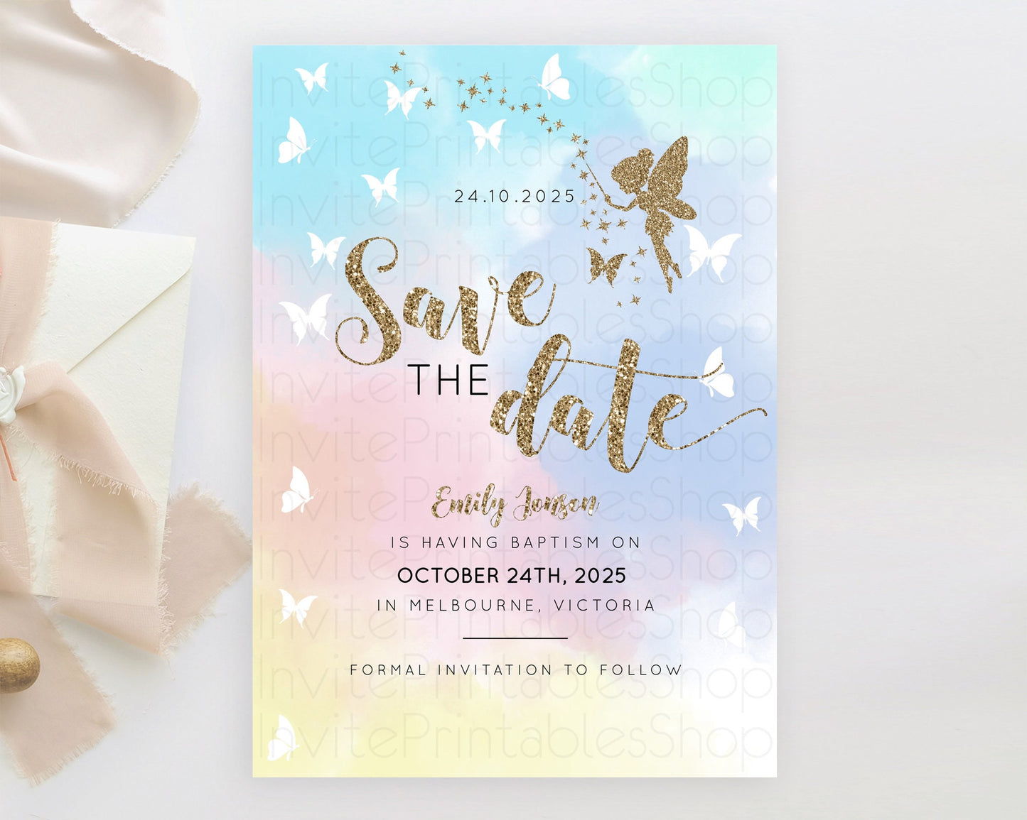 Fairy Save The Date Template Enchanted Garden Pastel Floral Butterfly Party Secret Garden Birthday Baptism Baby Shower Bridal Shower D10894