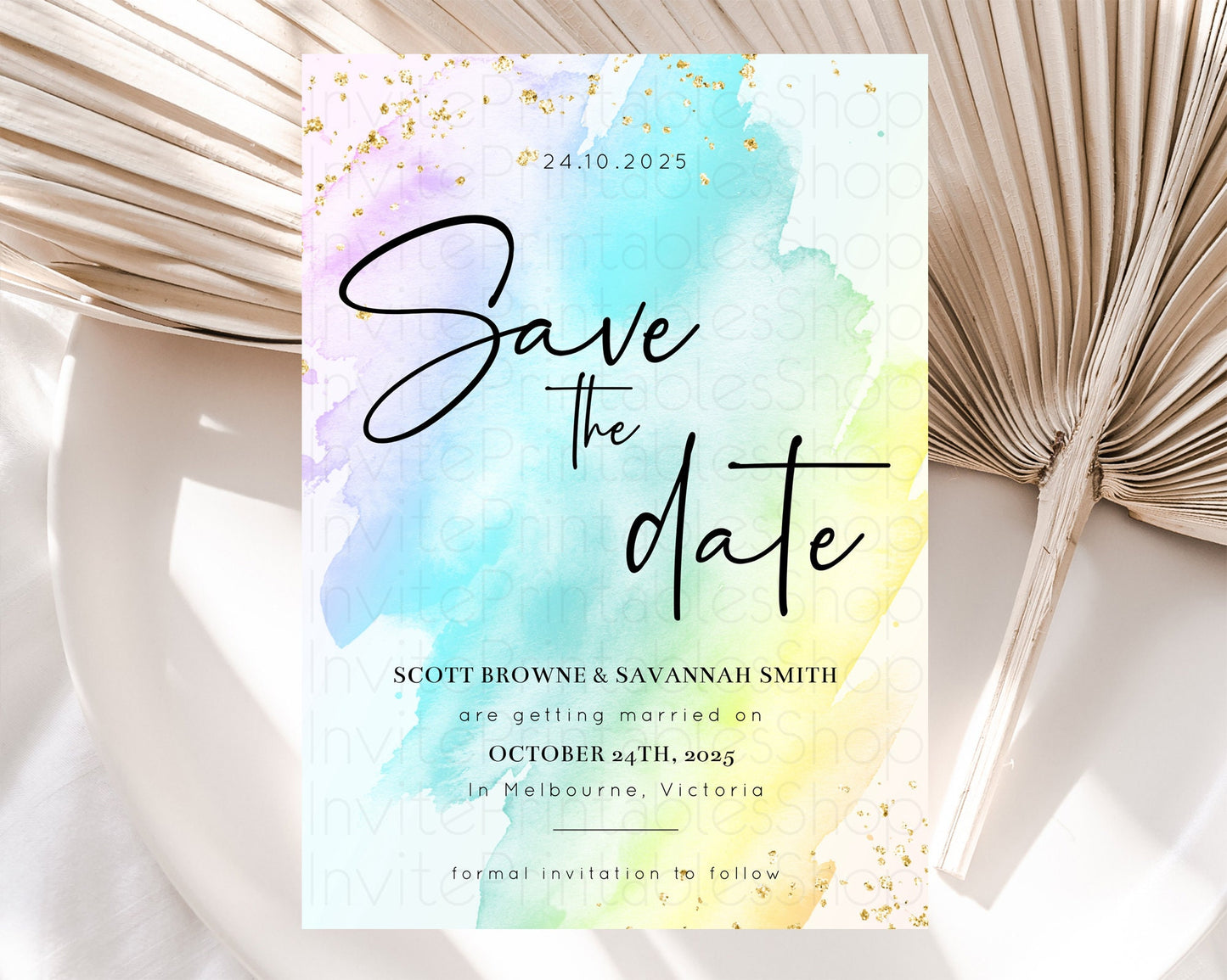 Pastel Save The Date Template Pastel Ombre Rainbow Watercolor Colorful Party For Birthday Baptism Baby Shower Wedding Bridal Shower D10171