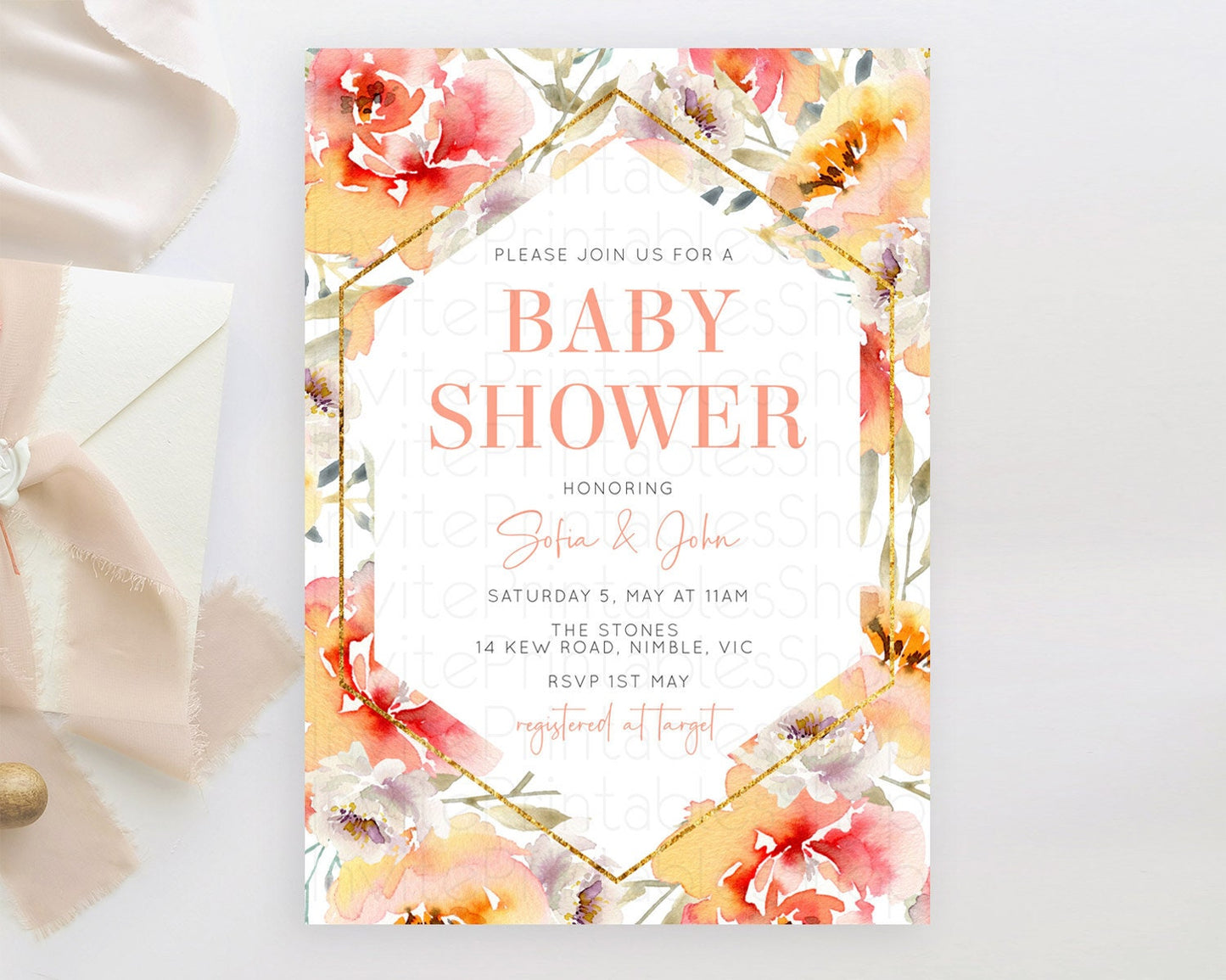 Secret Garden Baby Shower Invitation, Wildflower, Blooms, Botanical Theme, Pastel Flowers, Orange, Red Floral, Gold Accents D10791