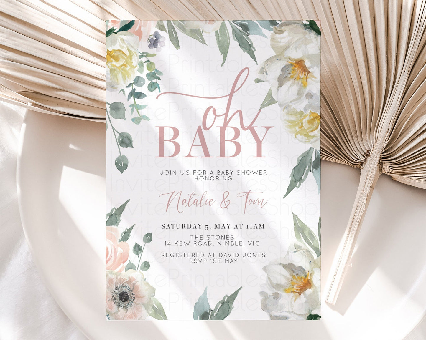 White Florals Baby Shower Invitation Secret Garden Whimsical Enchanted Fairytale Forest Wreath Watercolor Spring Flowers Invite W108