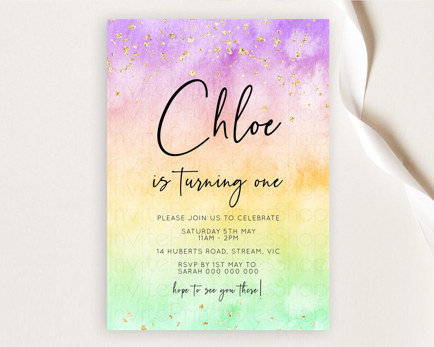 Rainbow Birthday Invitation Colorful Pastel Watercolor Invitation Gold Glitter Sprinkles Ombre Pastel 1st 2nd 3rd Birthday D10514