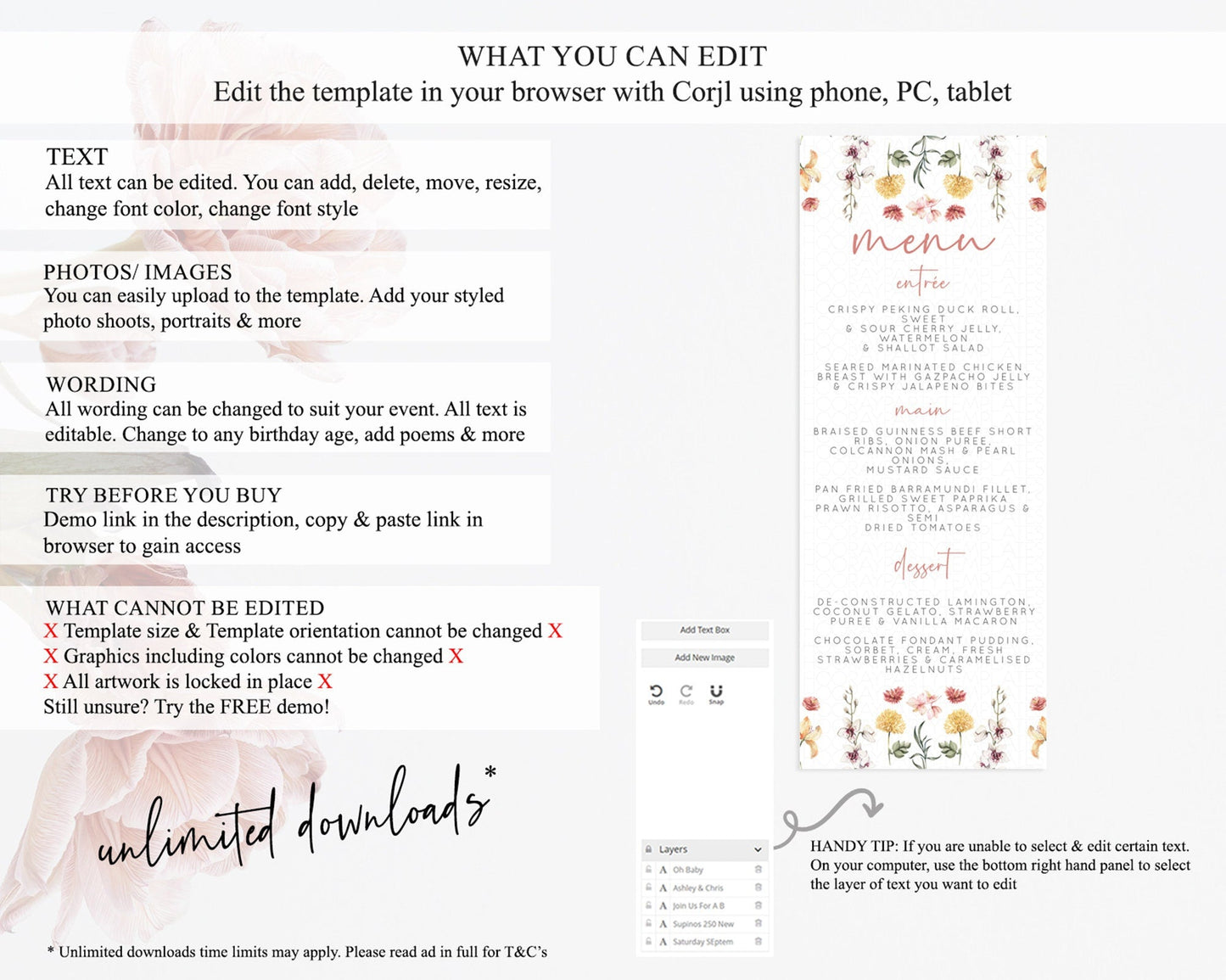Secret Garden Menu Wildflower Menu Template Pastel Flower Garden Table Decor Boho Floral Dinner Dessert Floral Party Food Menu D10682
