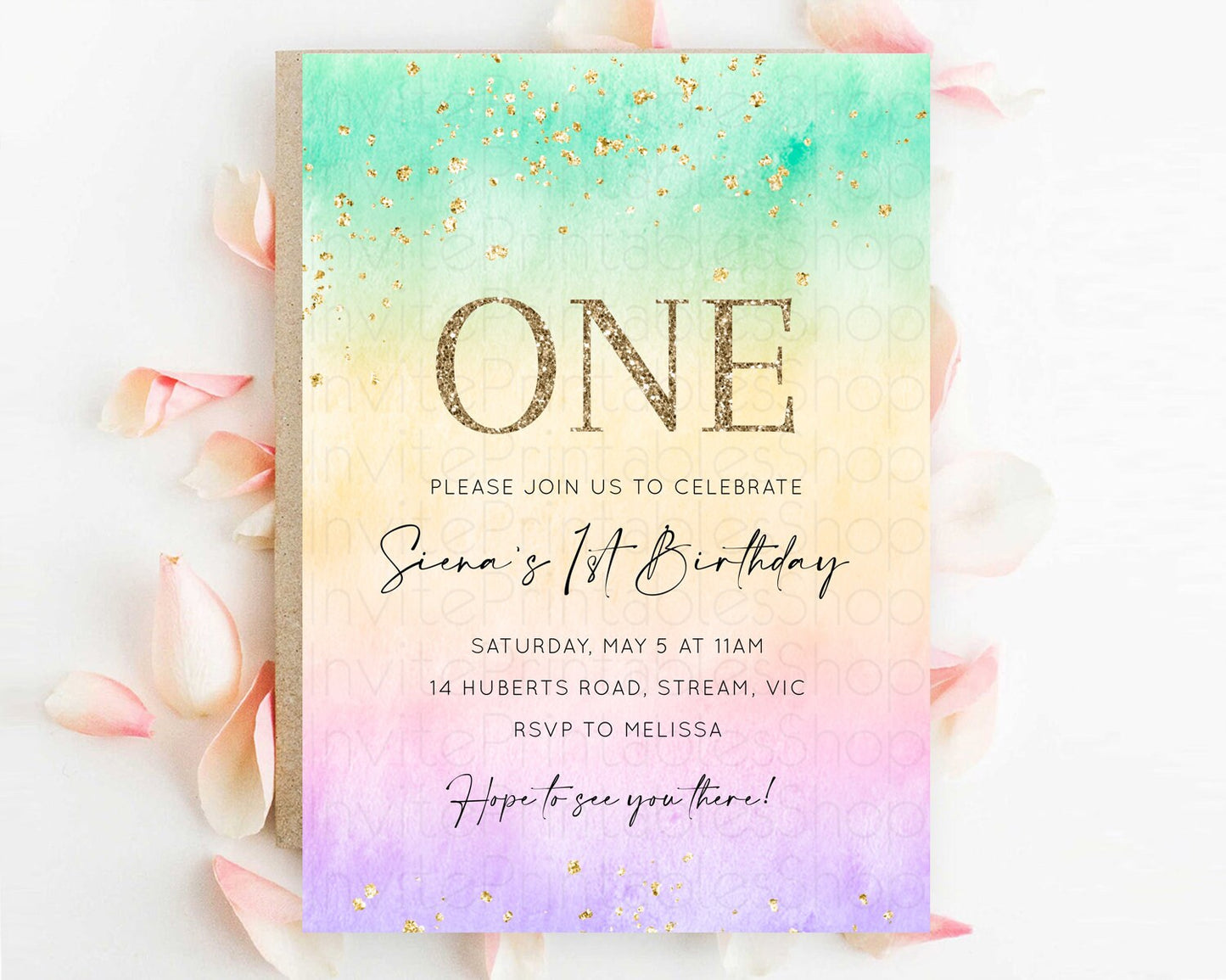 Rainbow Birthday Invitation Colorful Pastel Watercolor Invitation Gold Glitter Sprinkles Ombre Pastel 1st 2nd 3rd Birthday D10481
