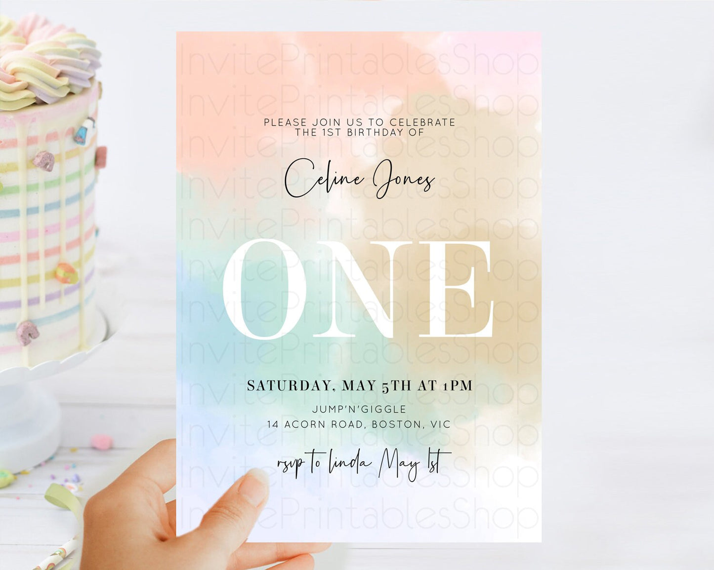 Rainbow Birthday Invitation Colorful Pastel Watercolor Invitation Gold Glitter Sprinkles Ombre Pastel 1st 2nd 3rd Birthday D10370