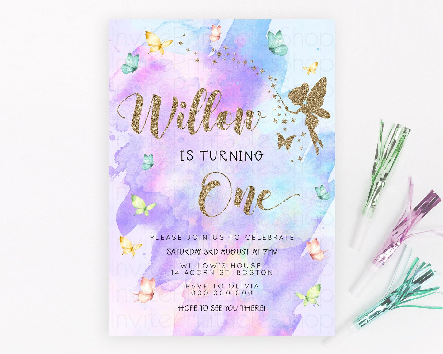 Pastel Fairy Birthday Invitation Pastel Butterflies Fairy Birthday Invitation Rainbow Ombre Watercolor 1st 2nd Birthday Invitation D23343