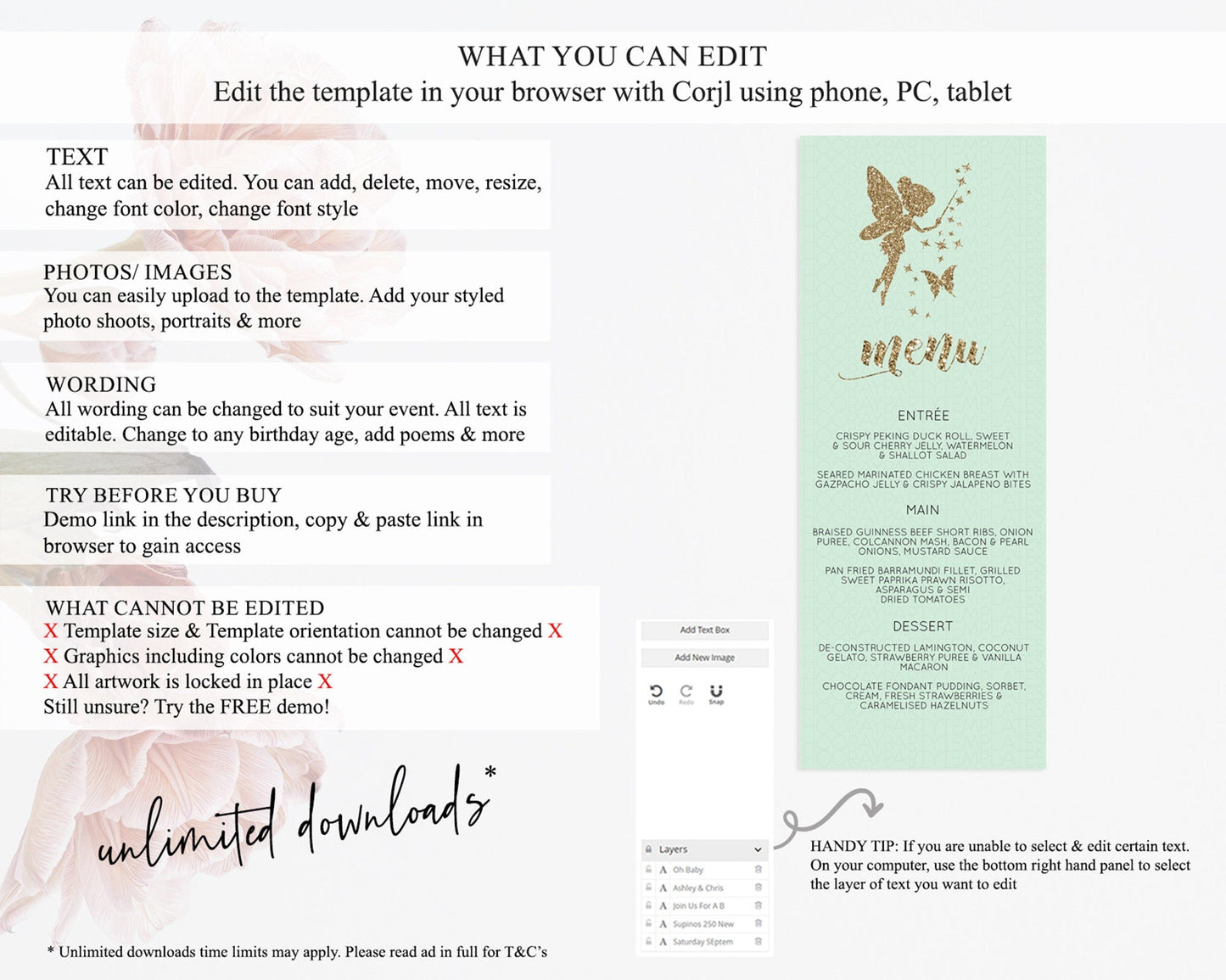 Fairy Menu Fairy Menu Template Enchanted Garden Pastel Floral Butterfly Table Decor Fairy Secret Garden Dinner Dessert Food Menu D10908