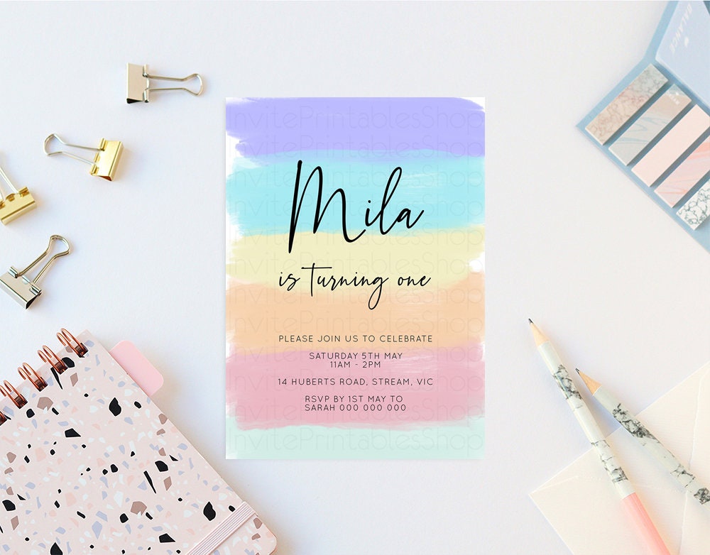 Rainbow Birthday Invitation Pastel Birthday Invitation Colorful Watercolor Invite Ombre Pastel Invitation Gold Glitter Sprinkles Invite