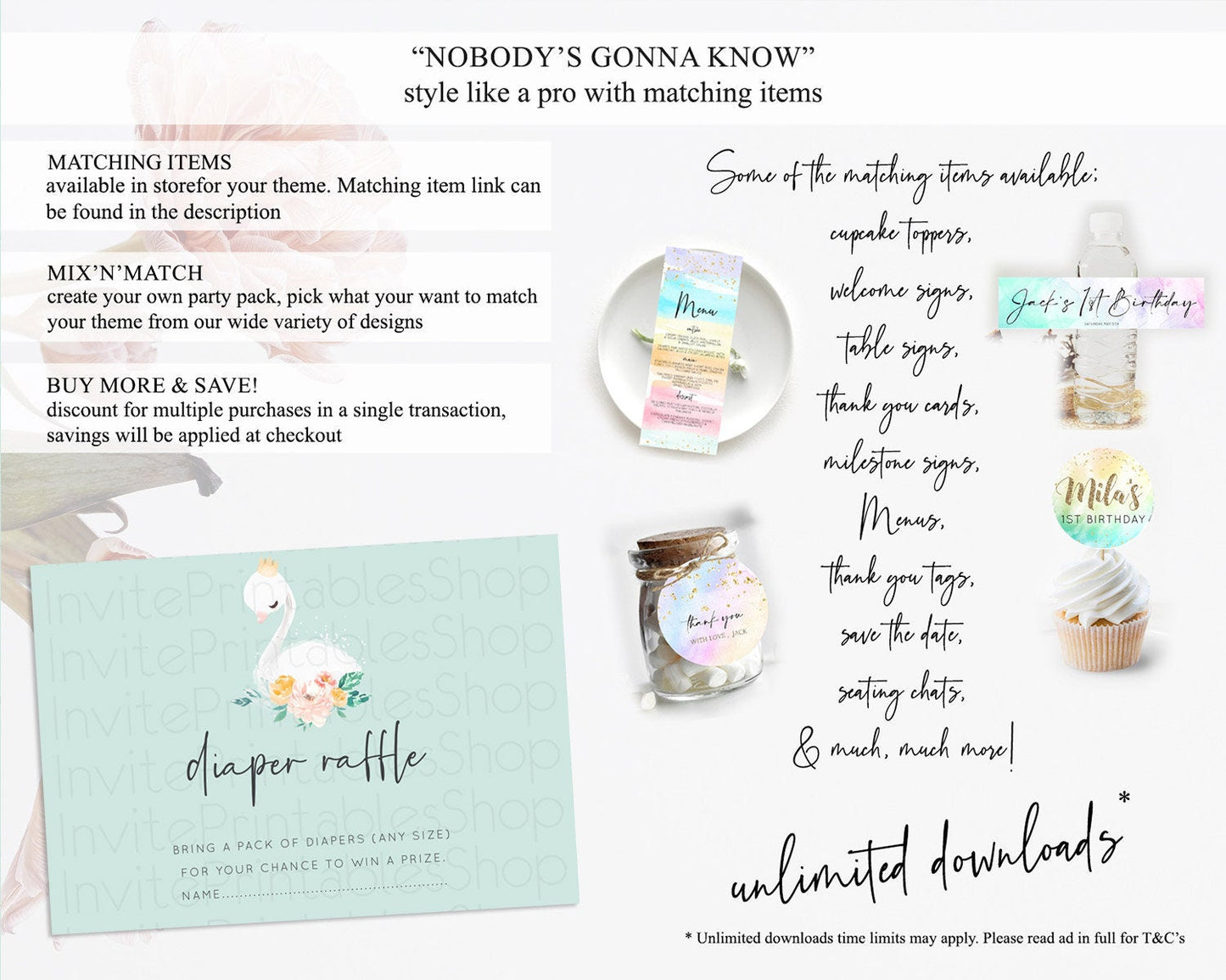 Swan Diaper Raffle Card Swan Princess Ballet Diaper Raffle Insert Enchanted Swan Lake Diaper Ticket Secret Garden Floral Raffle Game D10905