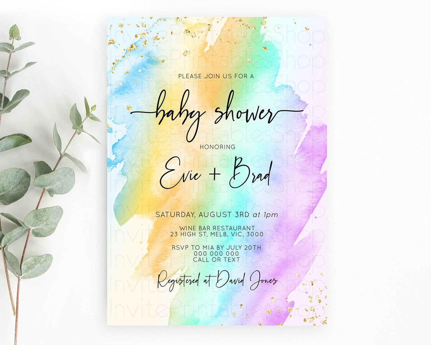 Pastel Baby Shower Invitation Rainbow Baby Shower Invitation Colorful Pastel Watercolor Invitation Gold Glitter Sprinkles Ombre D10425