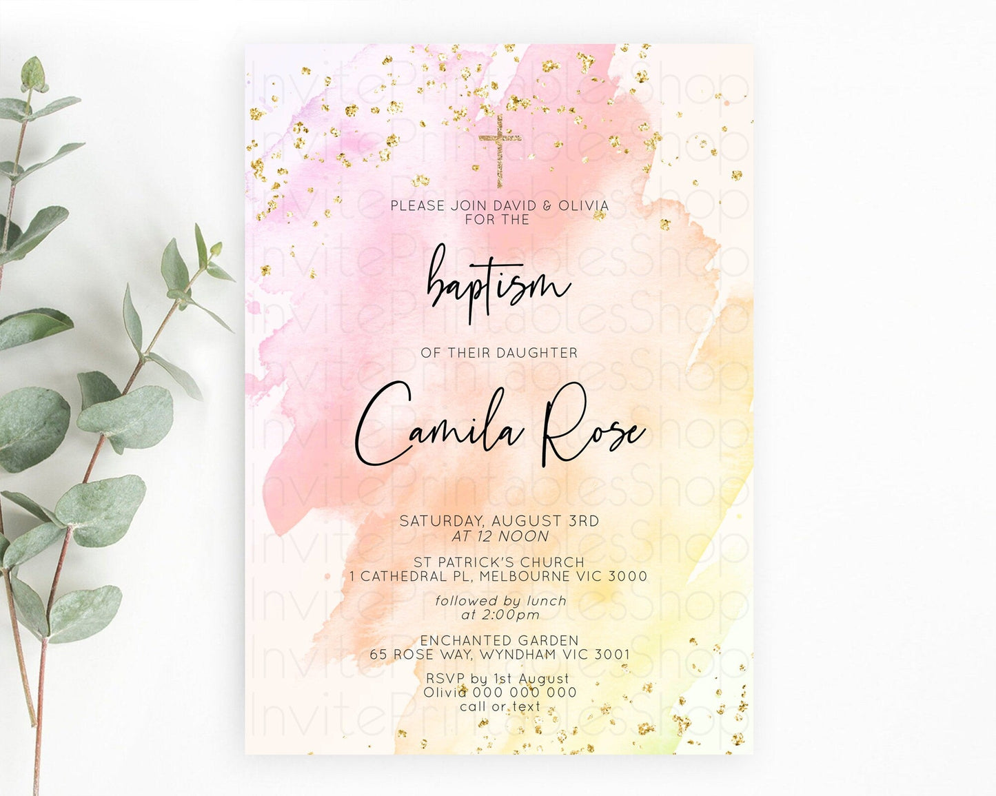 Pink Baptism Invitation Pink Watercolor Baptism 1st Birthday Invitation Pastel Pink Watercolor Christening Invite Pink Splash D10167