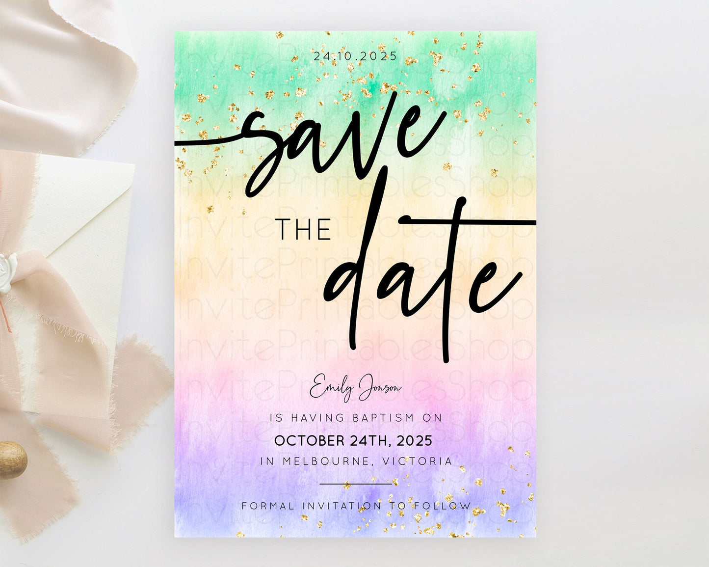 Pastel Save The Date Template Pastel Ombre Rainbow Watercolor Colorful Party For Birthday Baptism Baby Shower Wedding Bridal Shower D10485